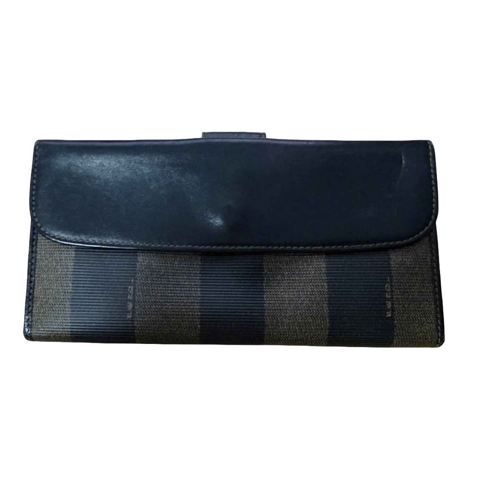 FENDI Pequin Stripe Women Wallet Black Leather Authentic COA