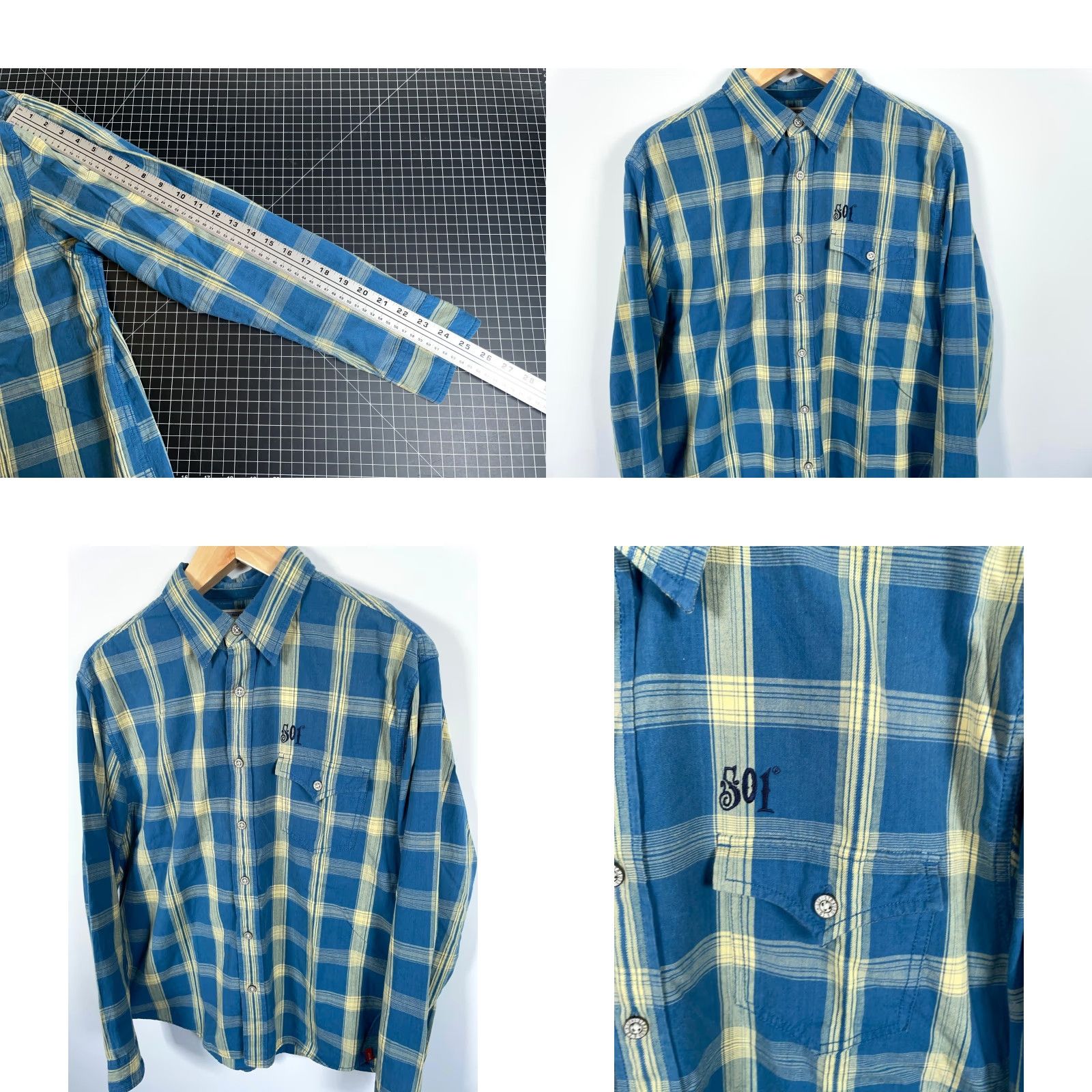 Levi's Levi's 501 Plaid Shirt Mens XL Blue Yellow Western Metal Buttons (2XL Tag) Size US XL / EU 56 / 4 - 8 Thumbnail