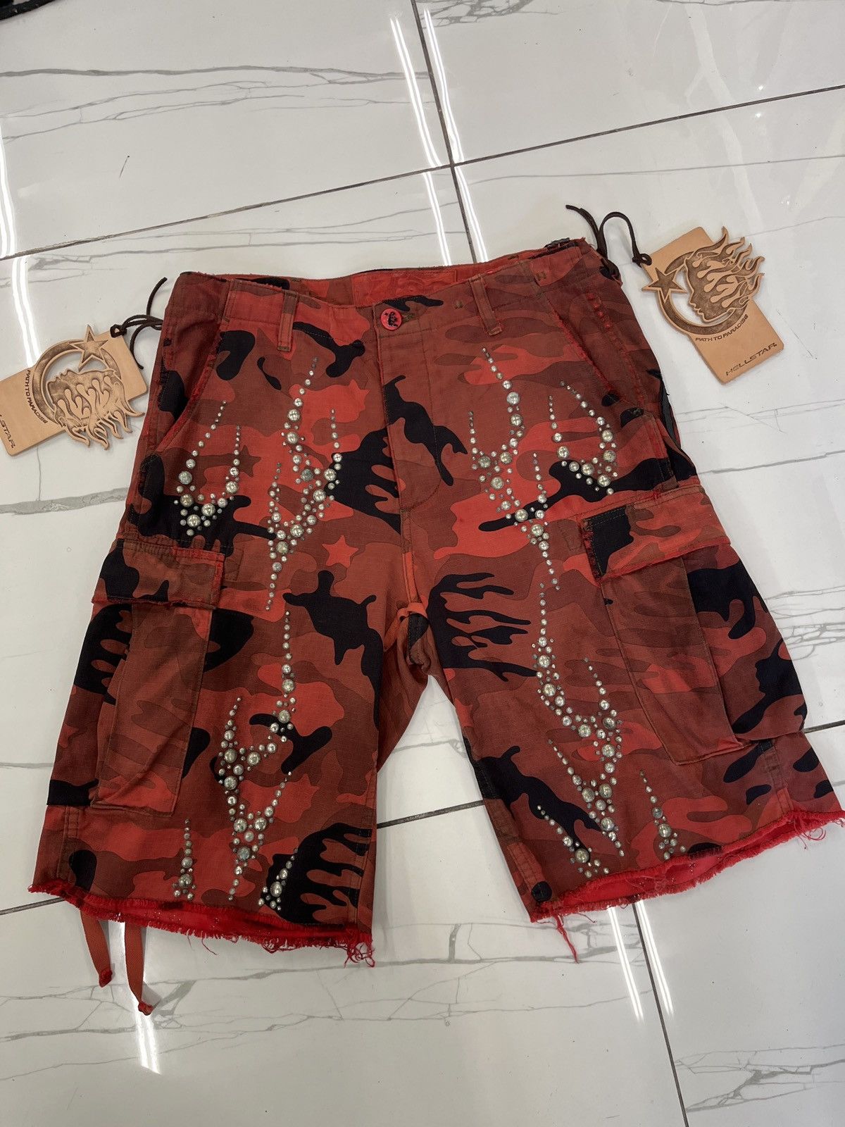 Studded Cargo Shorts Red