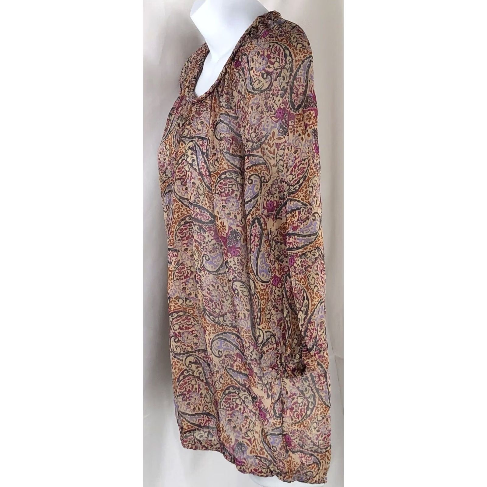Faded Glory Faded Glory Chiffon Flowy Top Tan Red Multi Paisley Peasant LongSleeve Boho Size S / US 4 / IT 40 - 2 Thumbnail