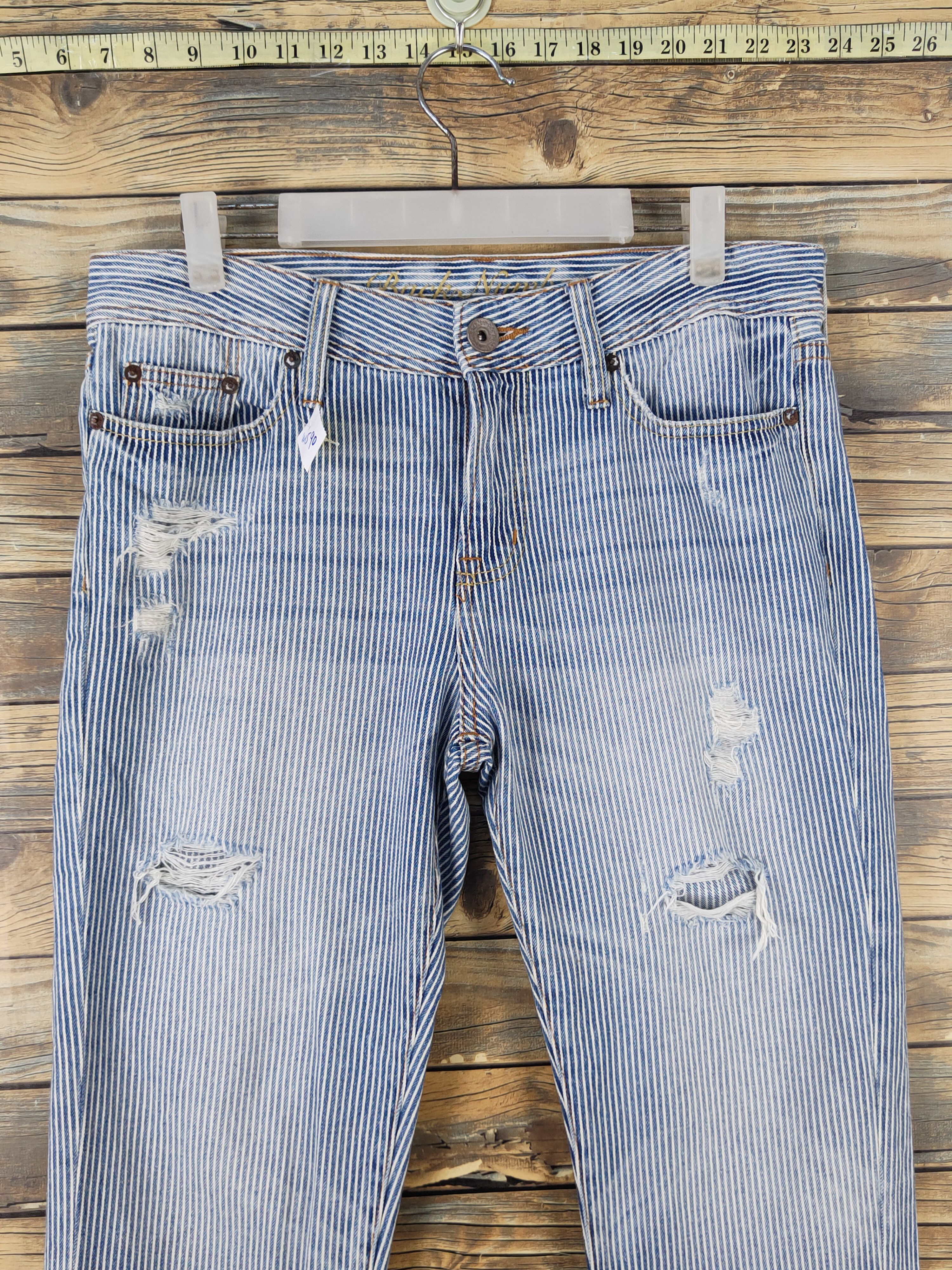 Japanese Brand Back Number Blue Stripe Distressed Ripped denim Jeans #W1590 Size US 34 / EU 50 - 2 Thumbnail