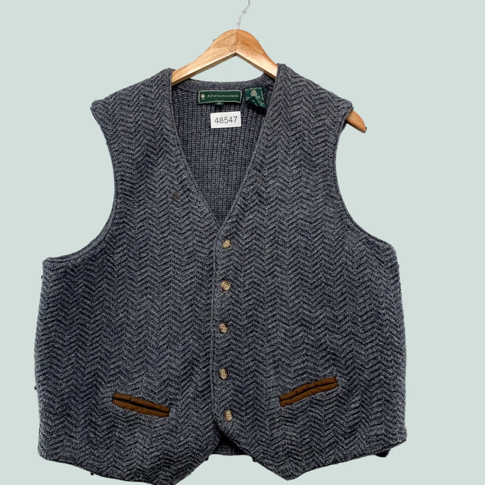 Vintage VINTAGE J.J. Farmer Sweater Vest Mens XL Grey 90s Wool Shetland Herringbone Size US XL / EU 56 / 4 - 1 Thumbnail