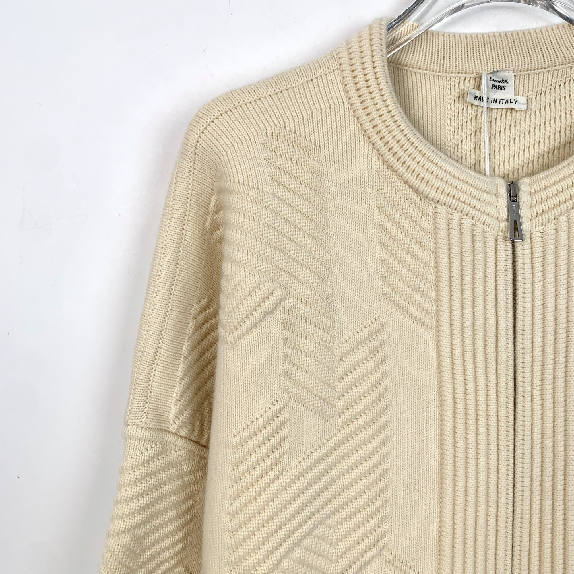 Hermes Hermès Cream Virgin Wool Zipper Knit Coat - Diamond Patterne Size XXS / US 00 / IT 34 - 4 Thumbnail