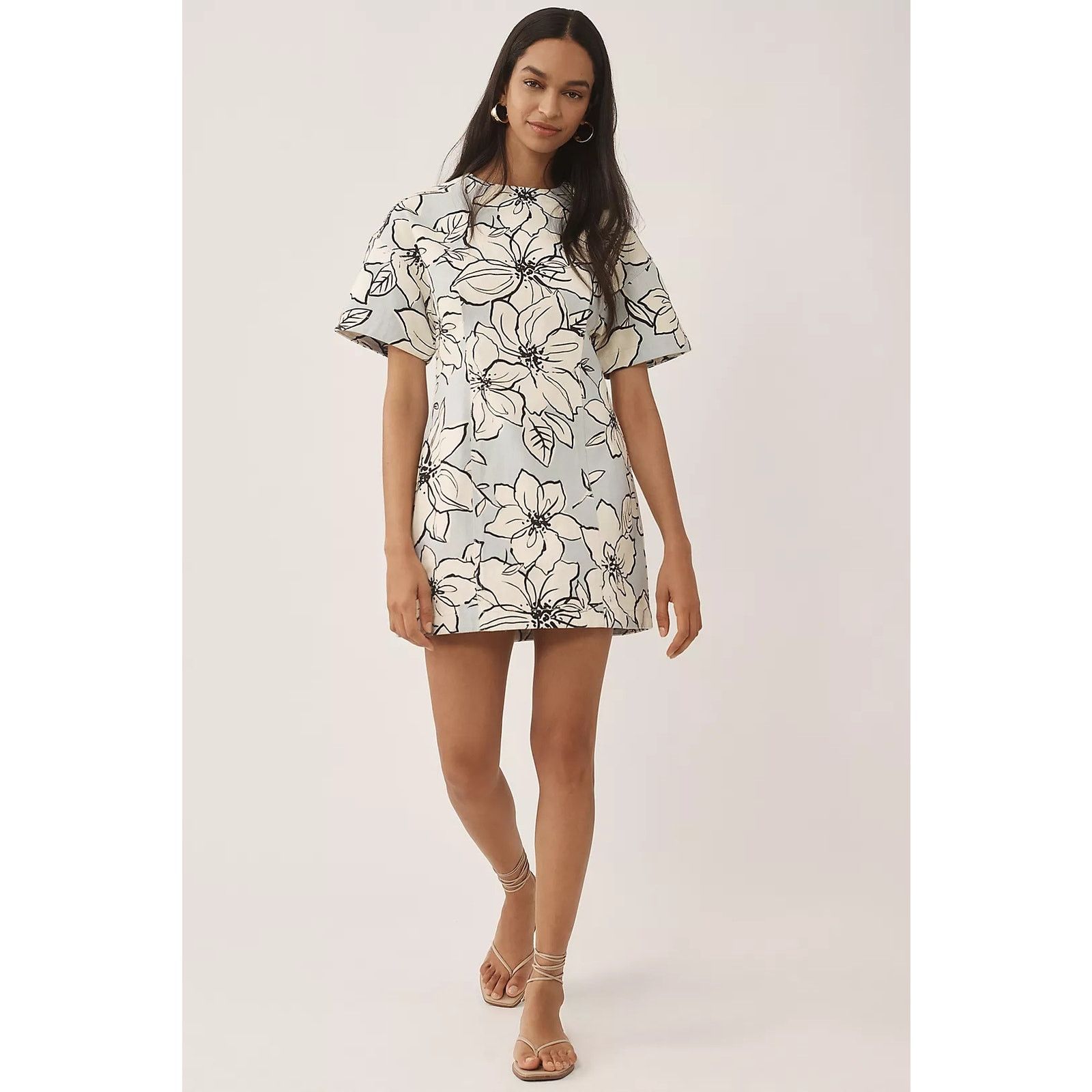 Anthropologie NWT Dhruv Kapoor Short-Sleeve Denim Mini Dress $168 Floral Size S / US 4 / IT 40 - 2 Thumbnail