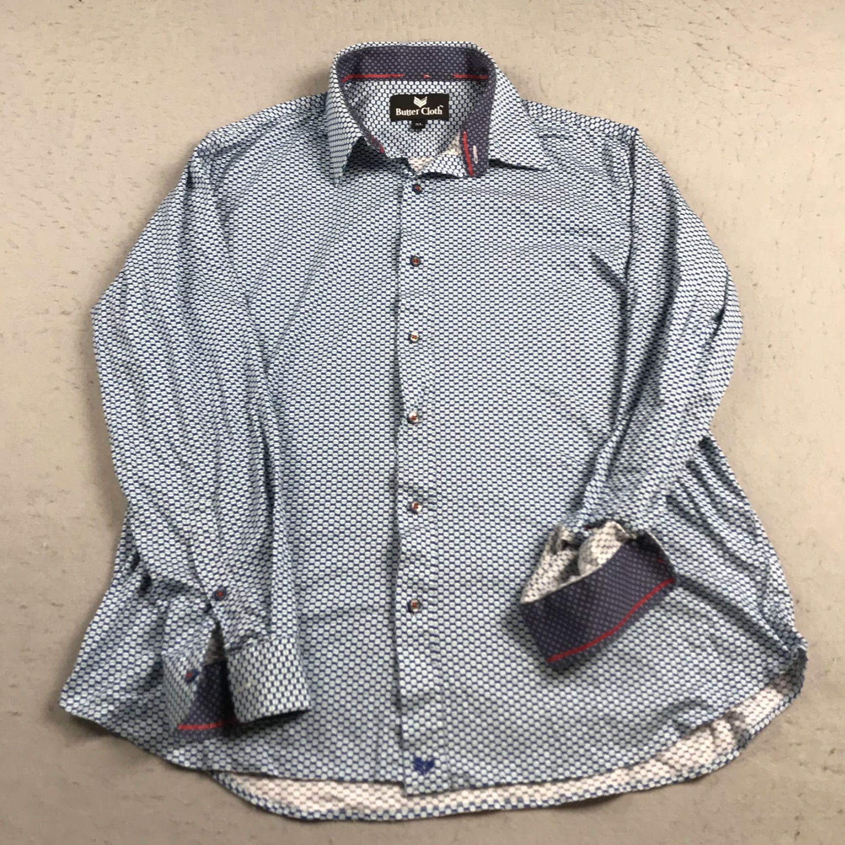 Vintage Buttercloth Mens XL Blue White Contrast Geometric Button-Up Shirt 100% Cotton Casual Long Sleeve Vintage No Size US XL / EU 56 / 4 - 2 Thumbnail