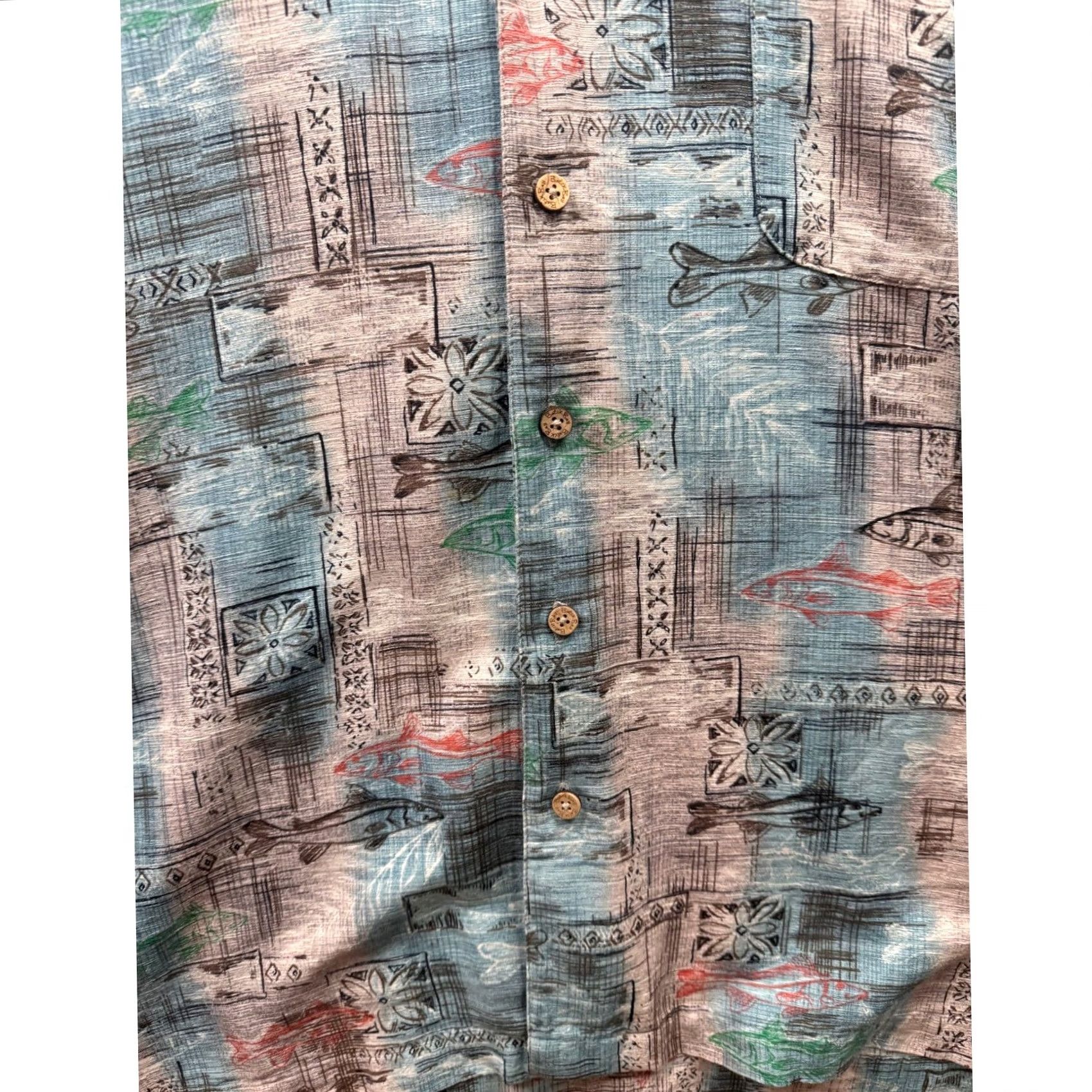 Vintage Batik Bay Shirt XXL Blue Tan 100% Silk Short Sleeve Fish Print Camp Mens Size US XXL / EU 58 / 5 - 2 Thumbnail
