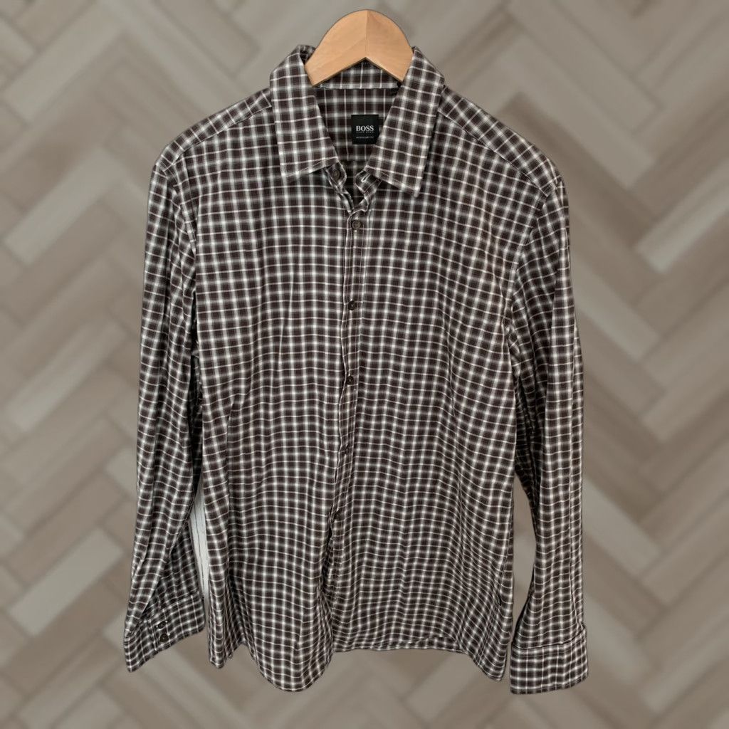 Hugo Boss HUGO BOSS Shirt Button-Up Long Sleeve Plaid Brown Large Regular Mens L Size US L / EU 52-54 / 3 - 1 Thumbnail