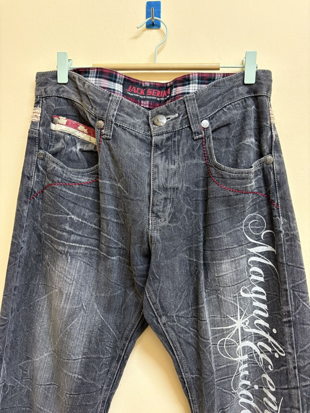 If Six Was Nine × Japanese Brand Vintage Y2k Jack Serika Poem Skull Printed Flared Jeans Size US 34 / EU 50 - 4 Thumbnail
