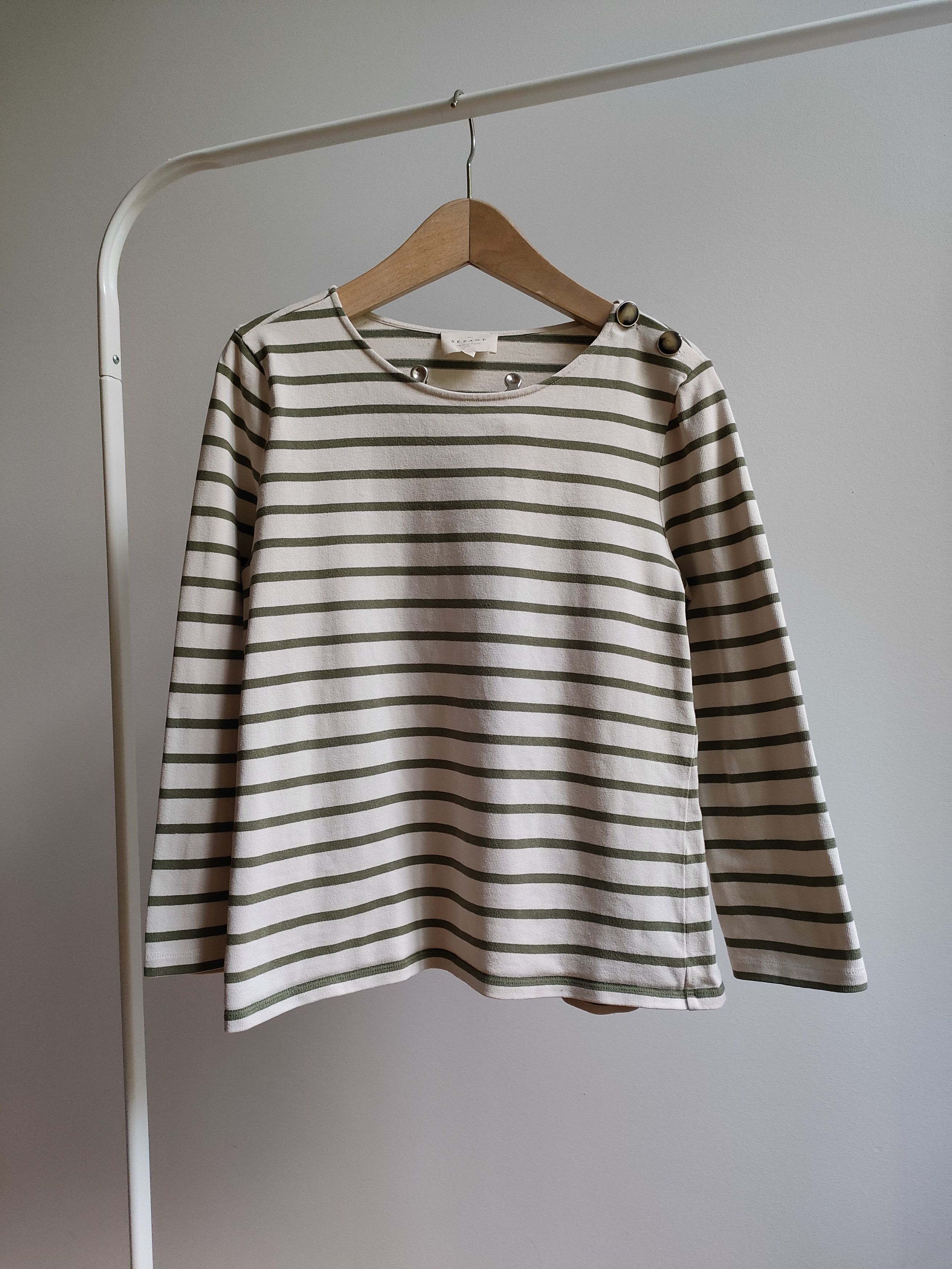 Sezane Sezane ecru & forest green striped top with buttons applique Size M / US 6-8 / IT 42-44 - 2 Thumbnail