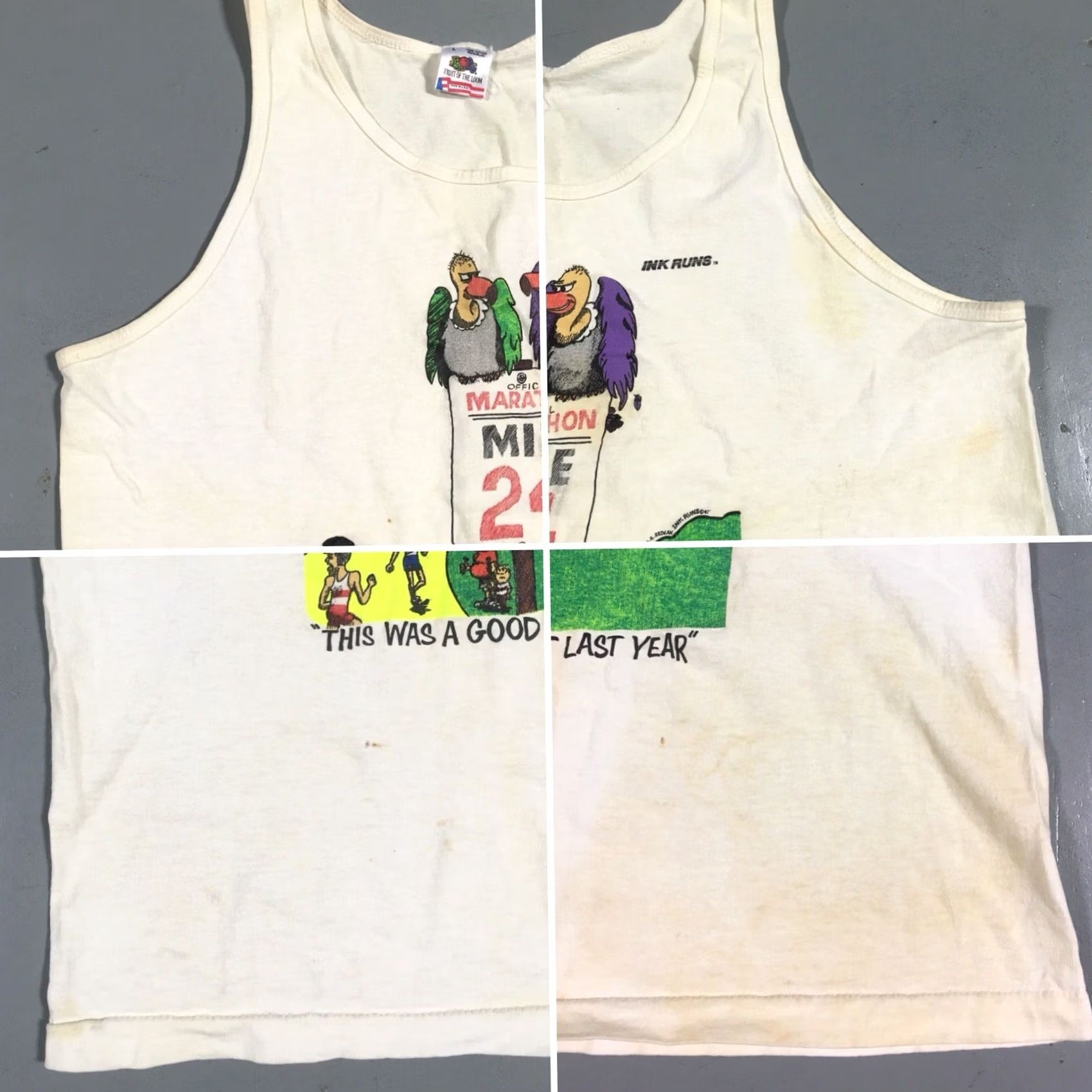 Fruit Of The Loom VINTAGE Marathon Mile 24 Neon Graphic Tank Top Geo A Sedlak Ink Runs c 87 1980s Tank Top Men L White Graphics 80s Sportswear/Beach Size US L / EU 52-54 / 3 - 5 Thumbnail