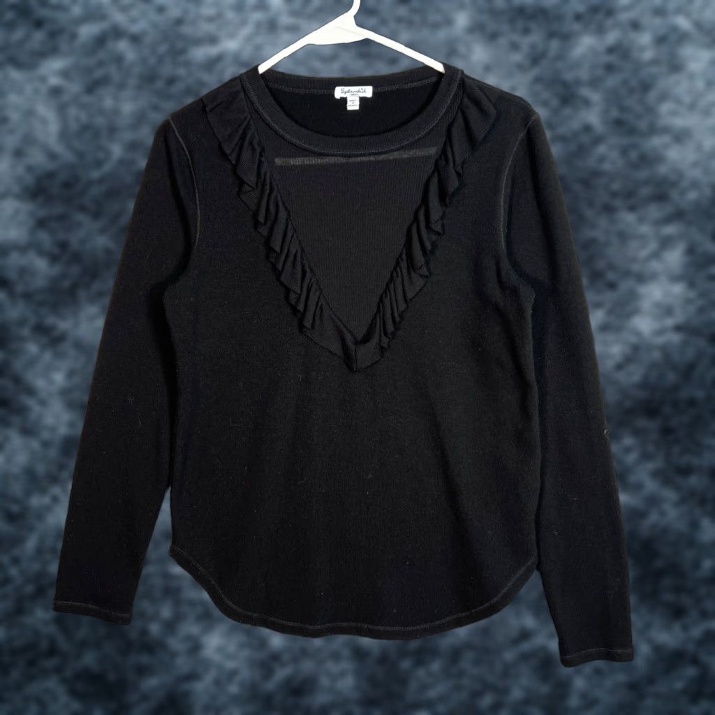 Splendid Splendid Black Ruffled V-Neck Long Sleeve Top S Womens Size S / US 4 / IT 40 - 1 Thumbnail