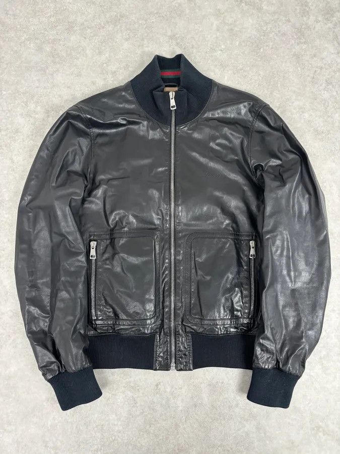 2000s Gucci Black Leather Light Bomber Jacket