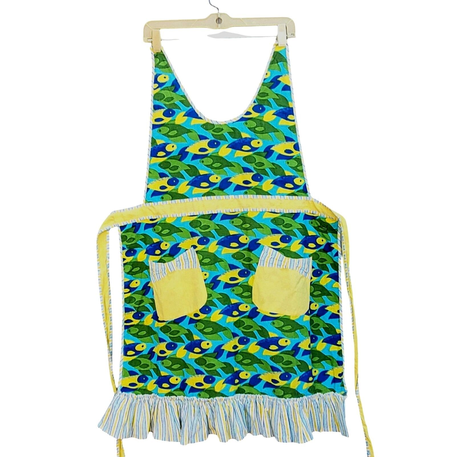 Other Retro Ruffled Bib Apron Colorful Blue Green Fish Pattern wit Size ONE SIZE - 2 Thumbnail