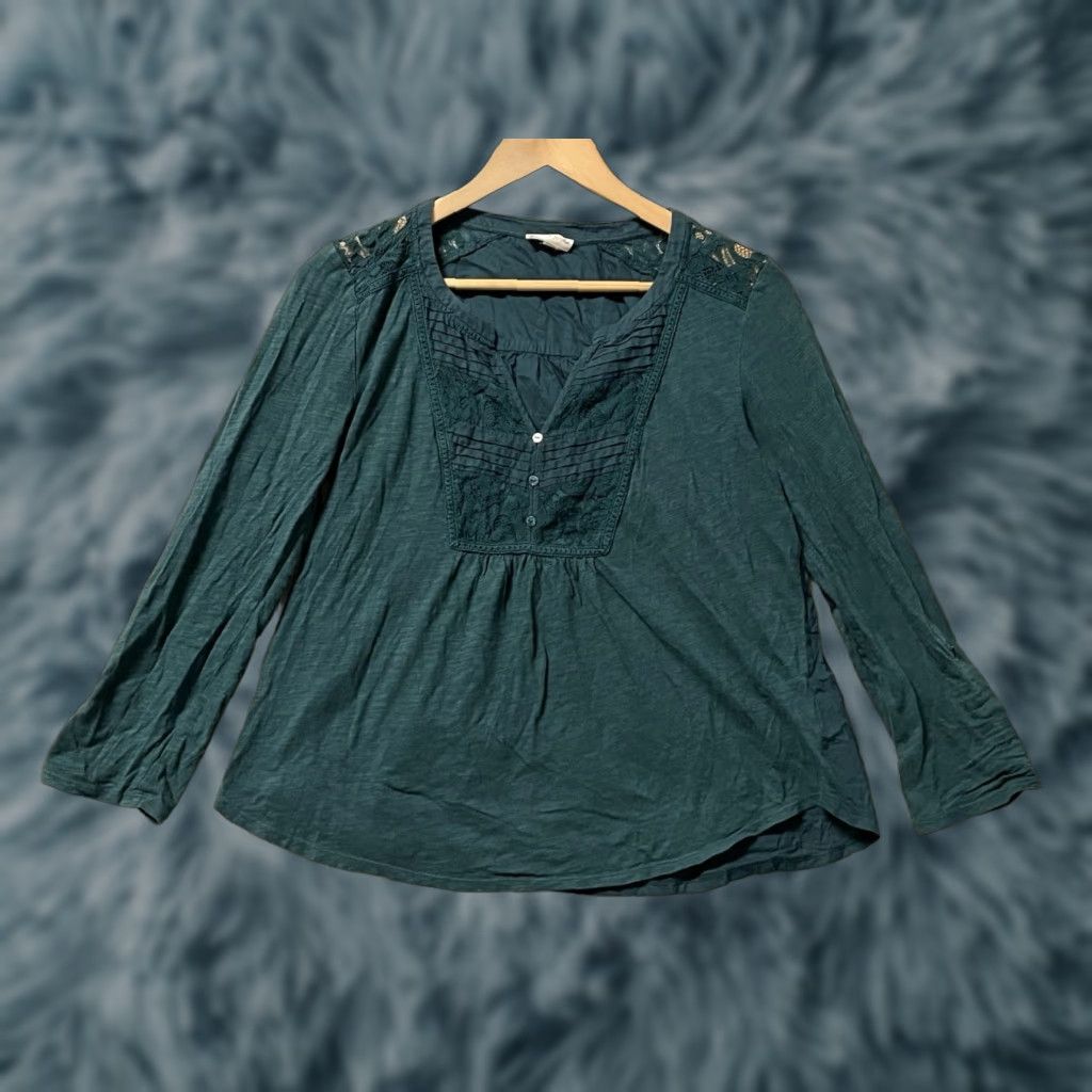 Vintage Meadow Rue Blouse Shirt Women Size M Green Long Sleeve Crew Neck Button Lace Tie Bodice Tunic Regular Pattern Solid Anthropologie Meadow Rue Size M / US 6-8 / IT 42-44 - 1 Thumbnail