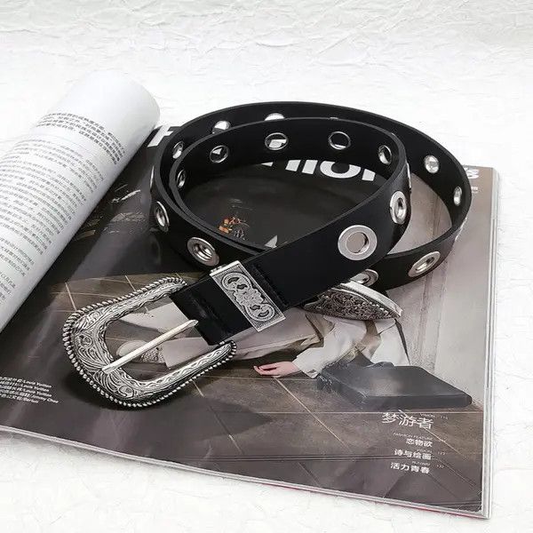 Other Black Leather Eyelet Belt with Decorative Buckle Size ONE SIZE - 3 Thumbnail