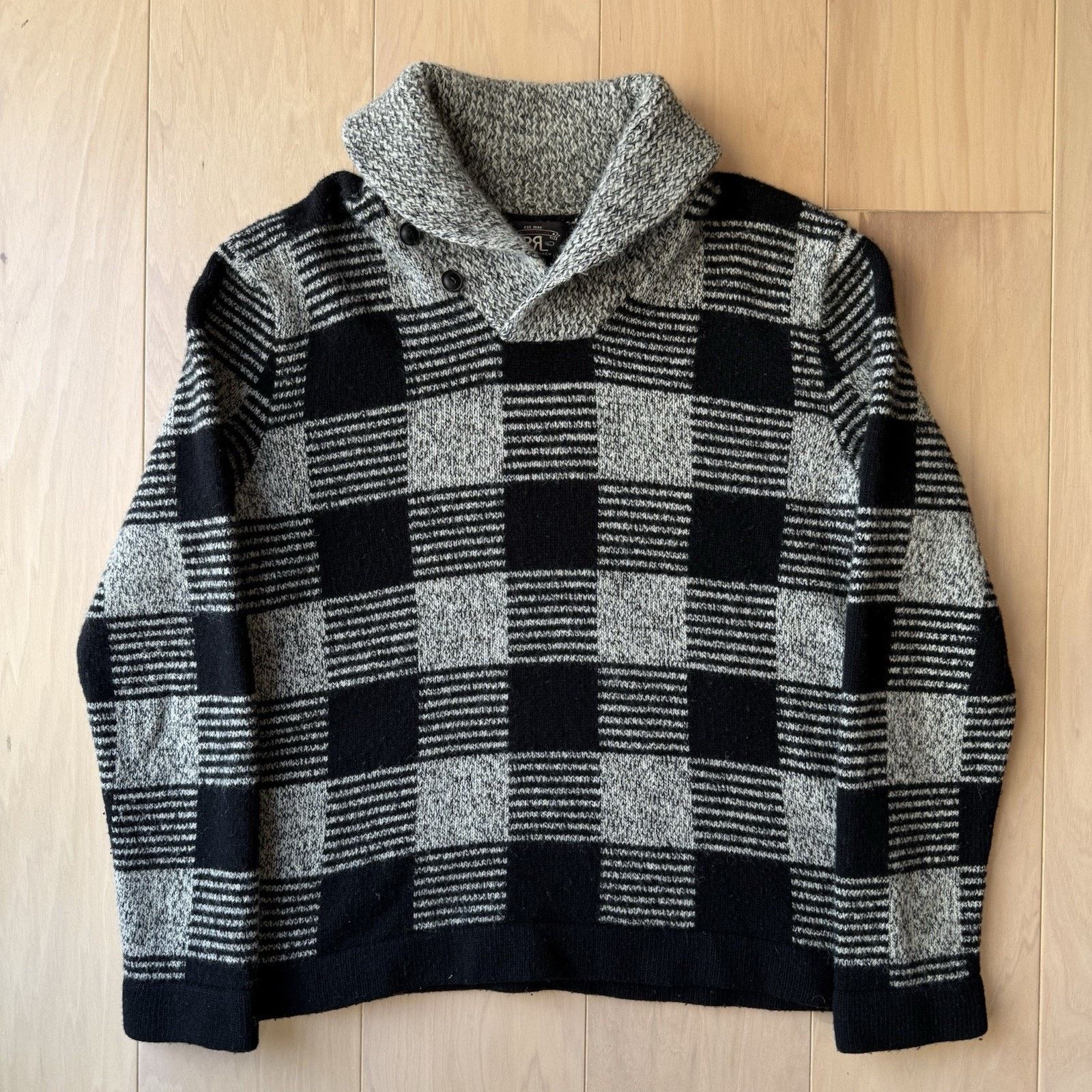 RRL Ralph Lauren RRL Wool Sweater Large Gray Black Check Knit Shawl Collar Size US L / EU 52-54 / 3 - 2 Thumbnail