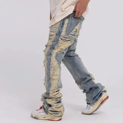 Jean Ripped frayed hole blue washed baggy trousers jeans Size US 32 / EU 48 - 3 Thumbnail