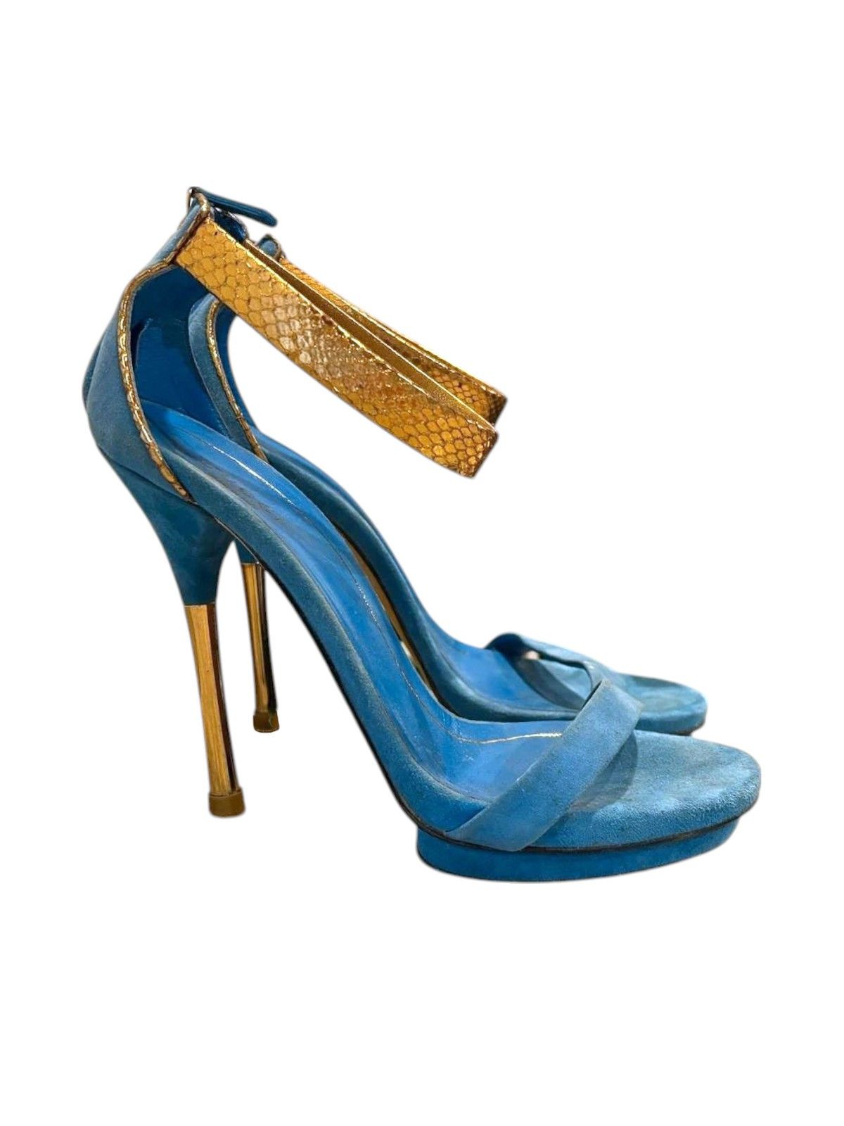 Gucci × Tom Ford Tom Ford Gucci Blue Suede and Gold Snakeskin Sandals Size US 7.5 / IT 37.5 - 1 Thumbnail
