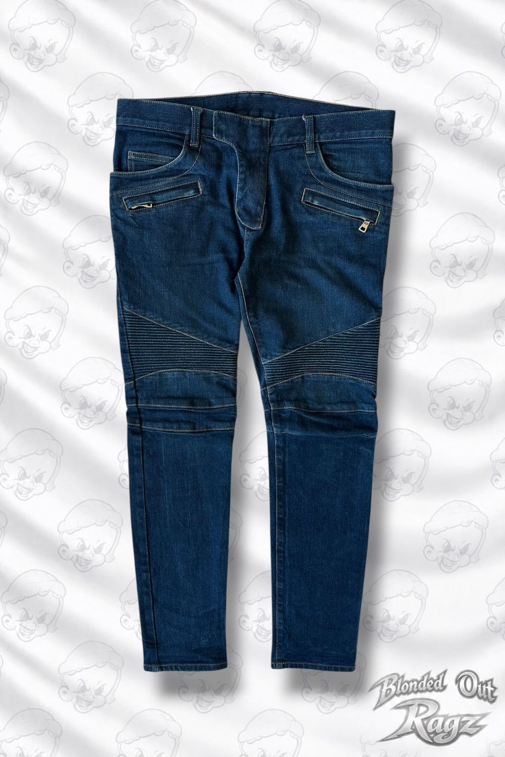 Balmain Balmain Dark Navy Biker Denim Jeans Oliver Rousting Era Size US 33 - 1 Thumbnail