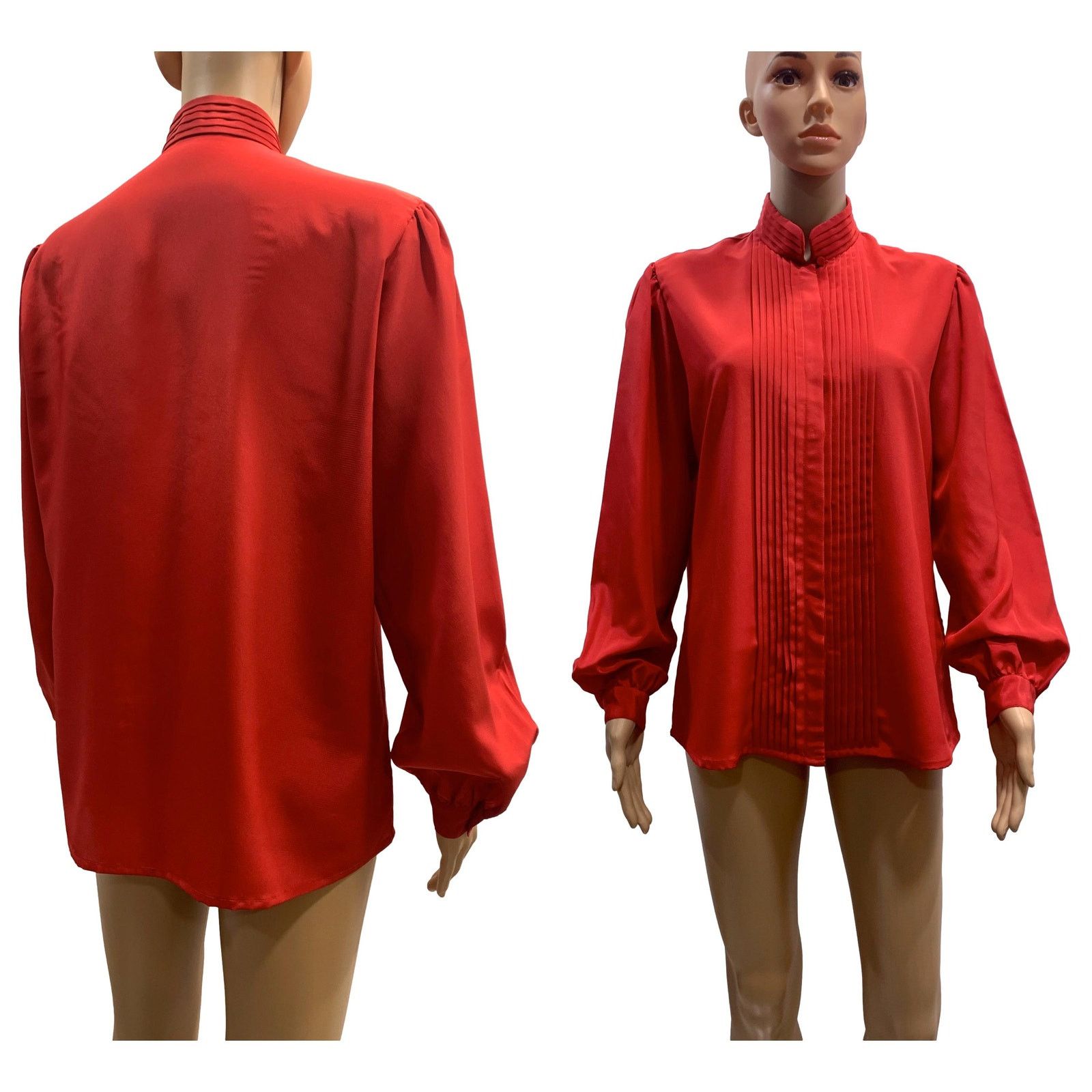 Vintage 70s Red High Collar Secretary Blouse with Pleats | M/L Size M / US 6-8 / IT 42-44 - 1 Thumbnail