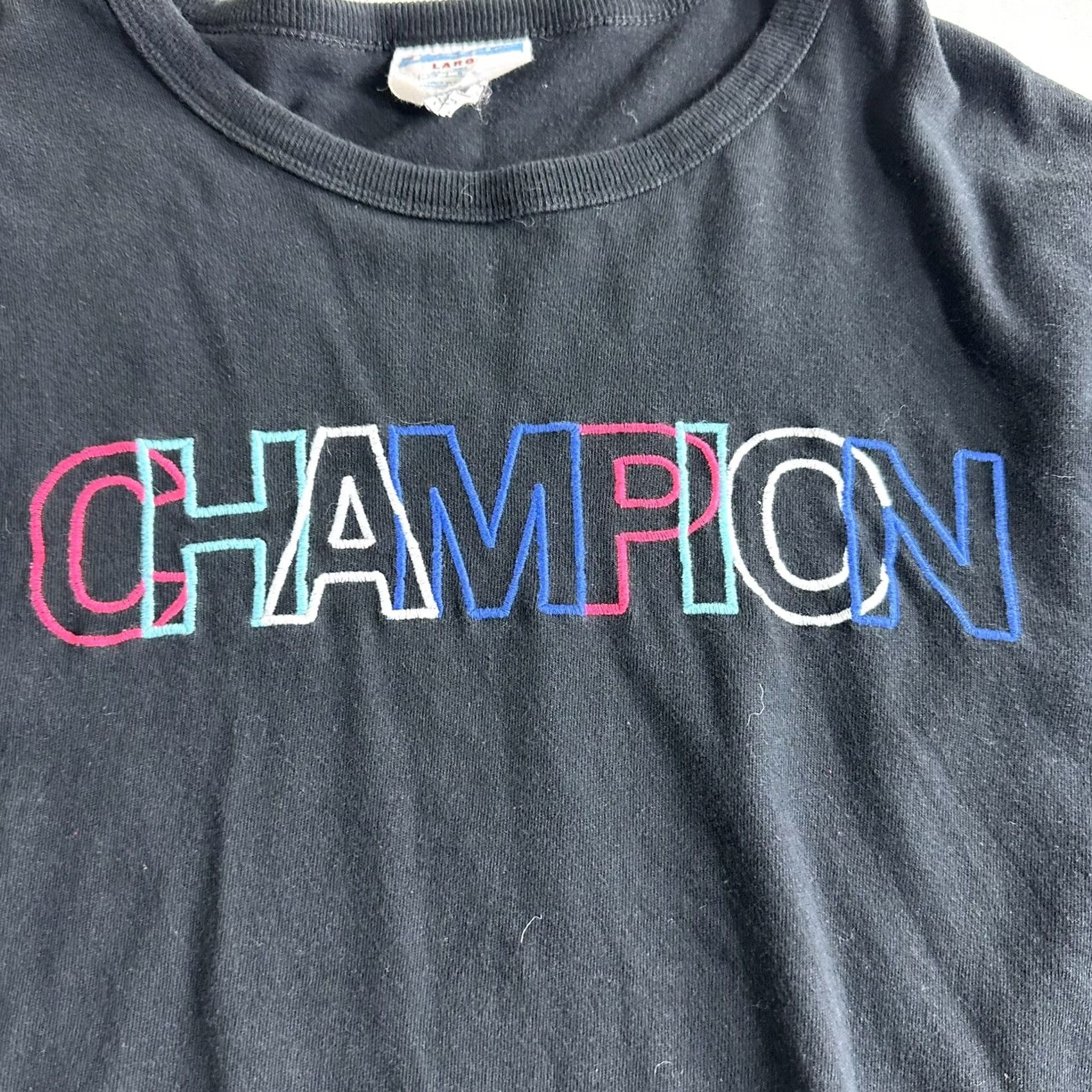 Champion VINTAGE Champion Sweatshirt Large L Black Blue Pink Embroidered Spell Out Crew Neck Long Sleeve Men Pullover Size US L / EU 52-54 / 3 - 2 Thumbnail