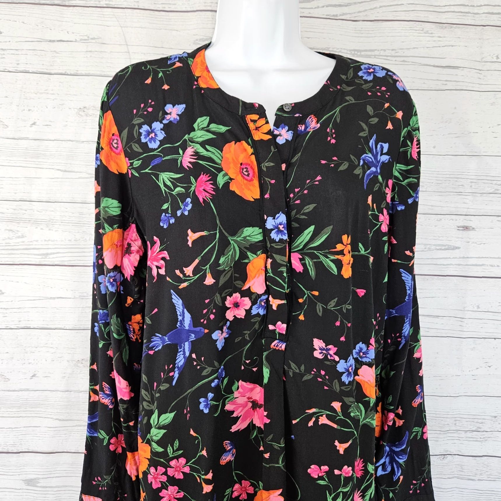 Old Navy Old Navy Tunic Shirt Womens Large Black Pink Floral Long Sleeve Rayon Blouse Size L / US 10 / IT 46 - 2 Thumbnail
