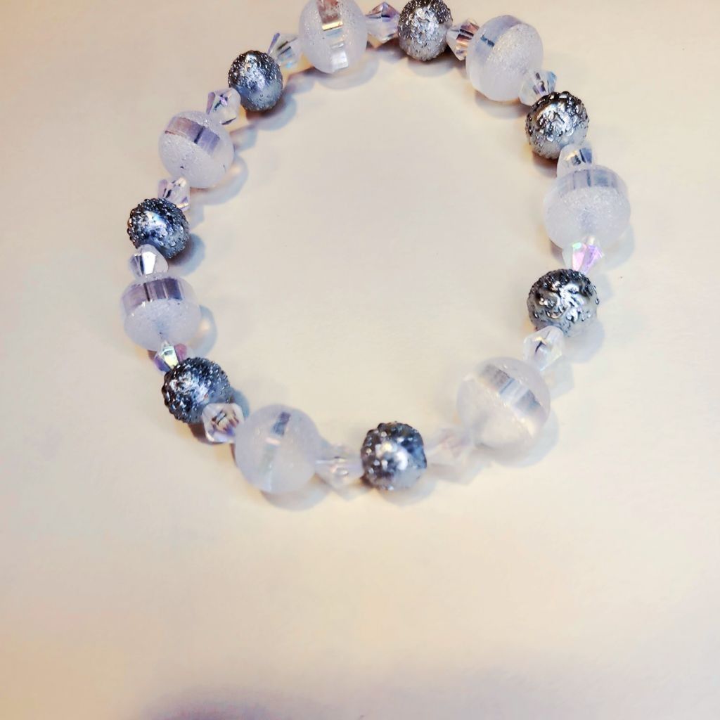 Handmade Matte silver striped crystal beaded bracelet 8mm 8-inch Size ONE SIZE - 2 Thumbnail