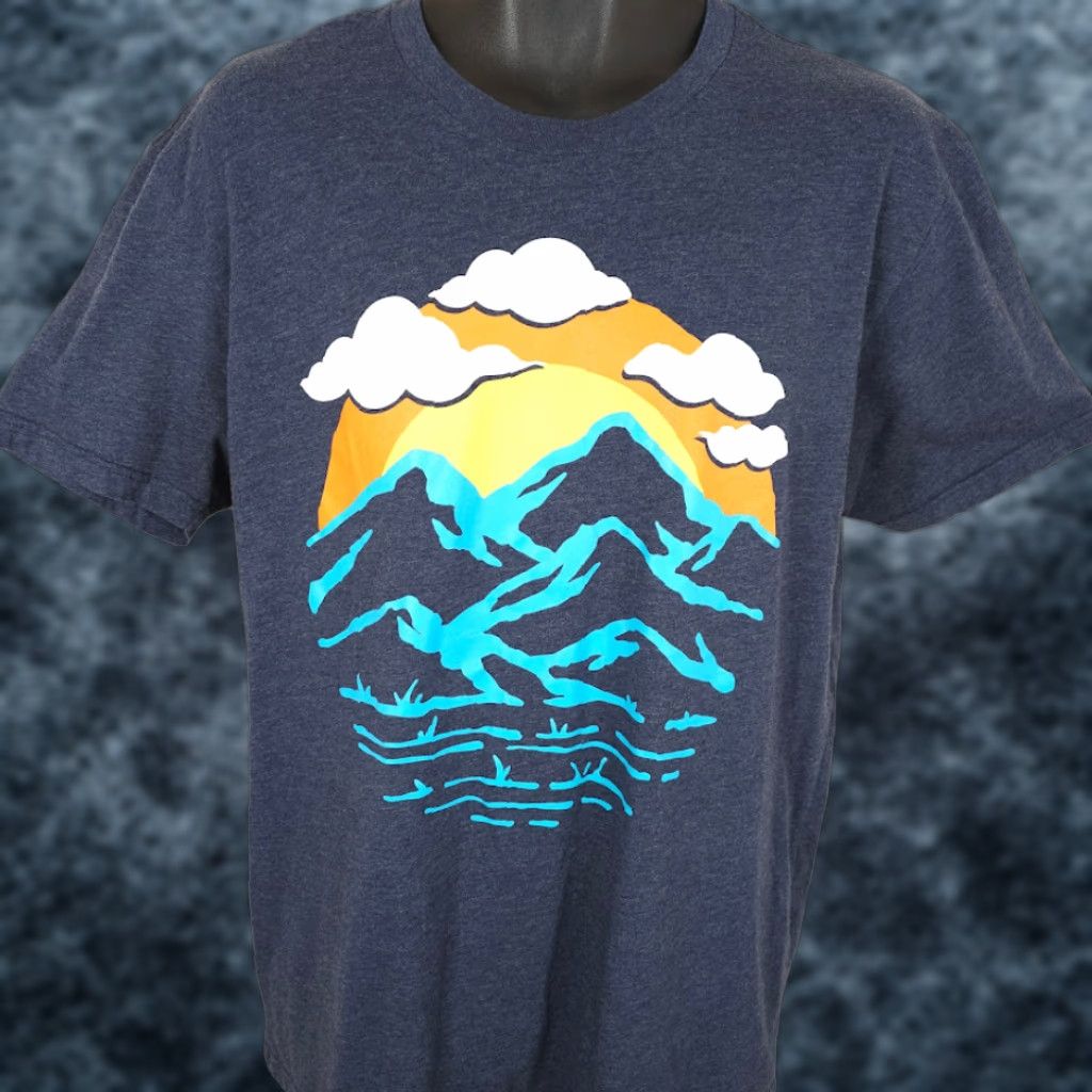 Vintage Into The AM Shirt Mens Large Blue Mountain Sunset Nature Clouds Trees Tee Size US L / EU 52-54 / 3 - 1 Thumbnail