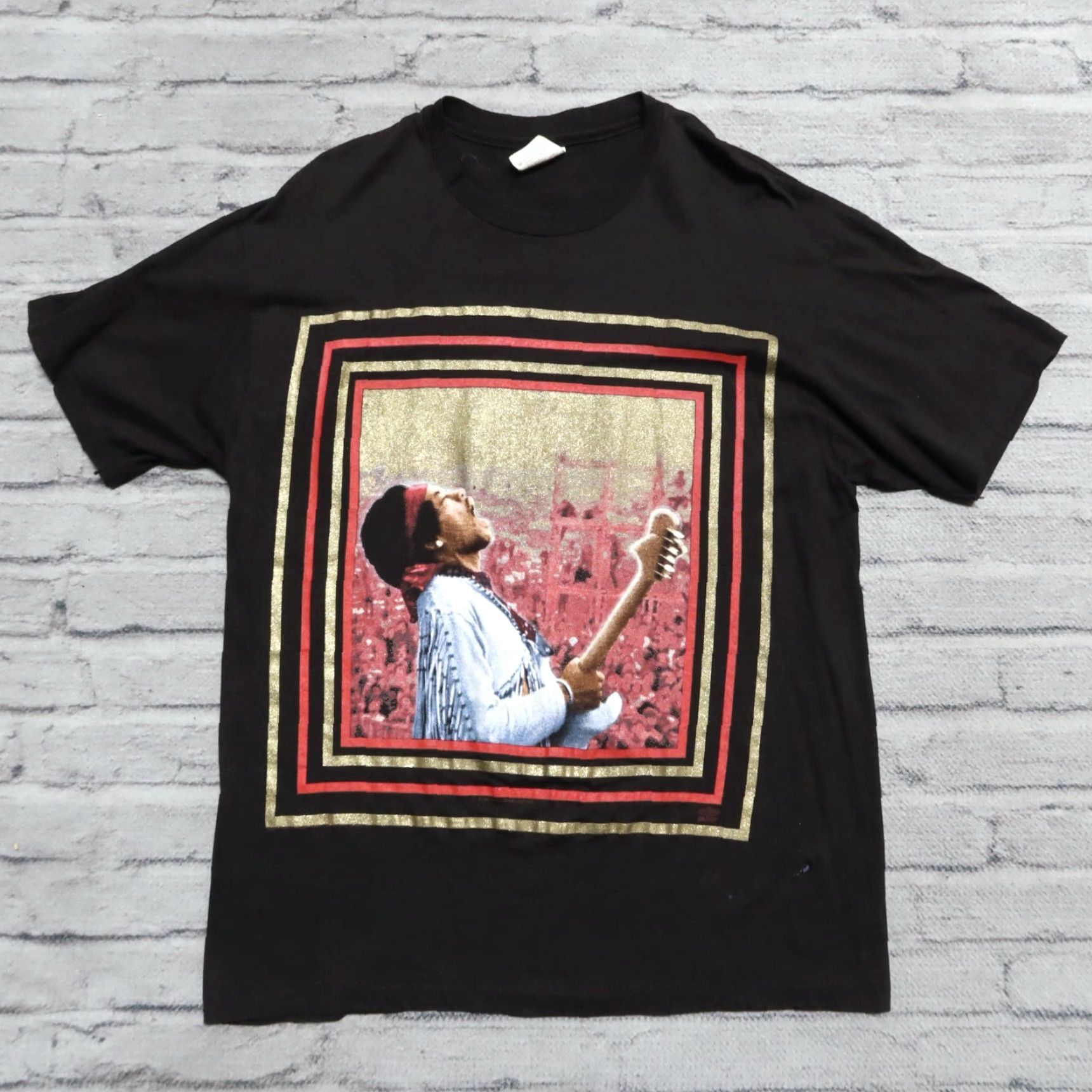 Hanes Vintage Jimi Hendrix Woodstock All Over Print Shirt XL Black Mens Size US XL / EU 56 / 4 - 2 Thumbnail