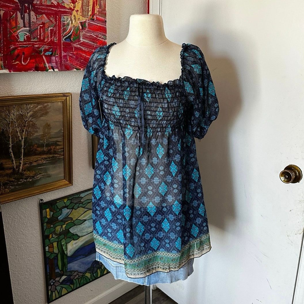 Blue Babydoll Sheer Blouse, Women's (Size Medium)