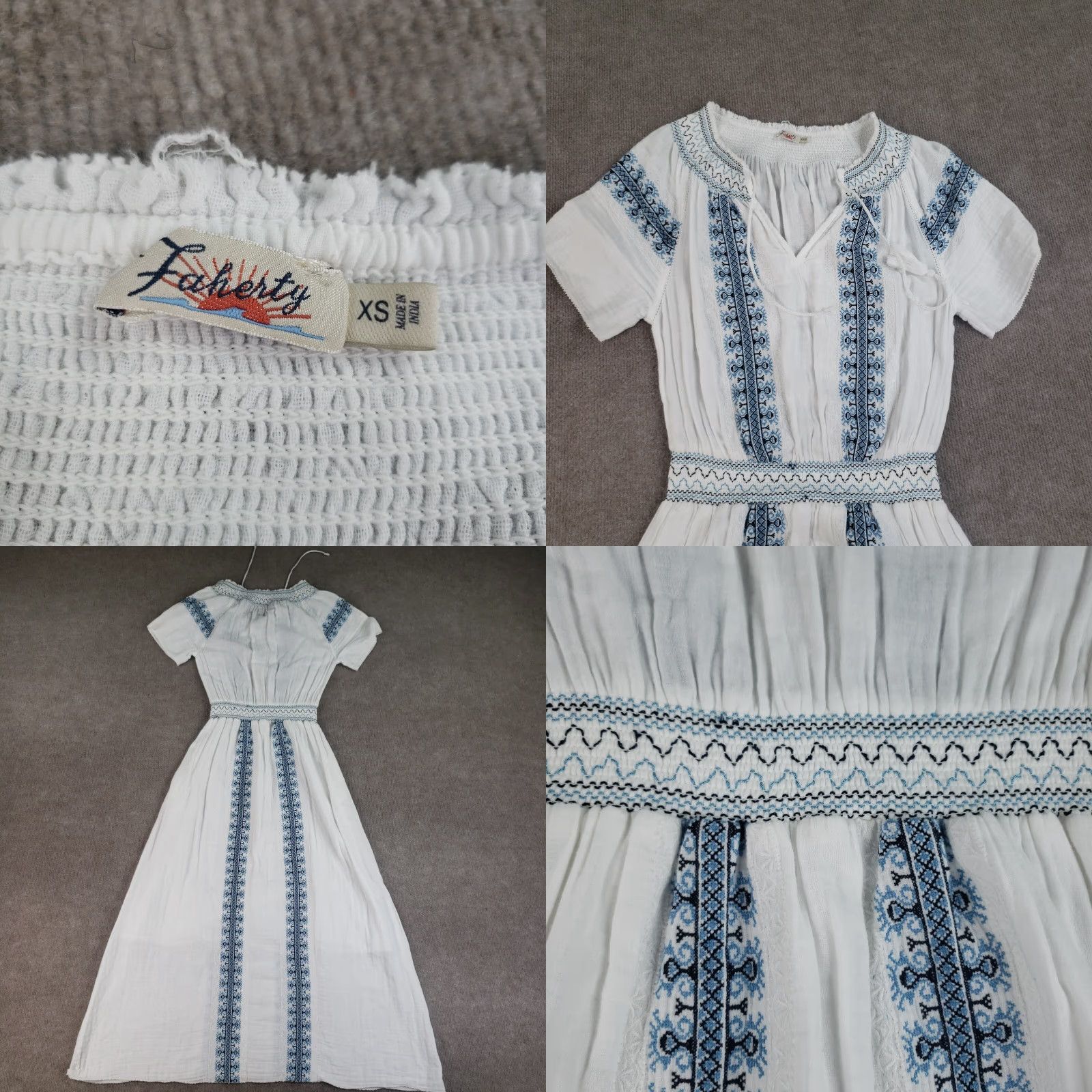 Faherty Faherty Maxi Dress Women XS White Embroidered Boho Smocked Lined V-Neck Short Sleeve Casual Size XS / US 0-2 / IT 36-38 - 8 Thumbnail