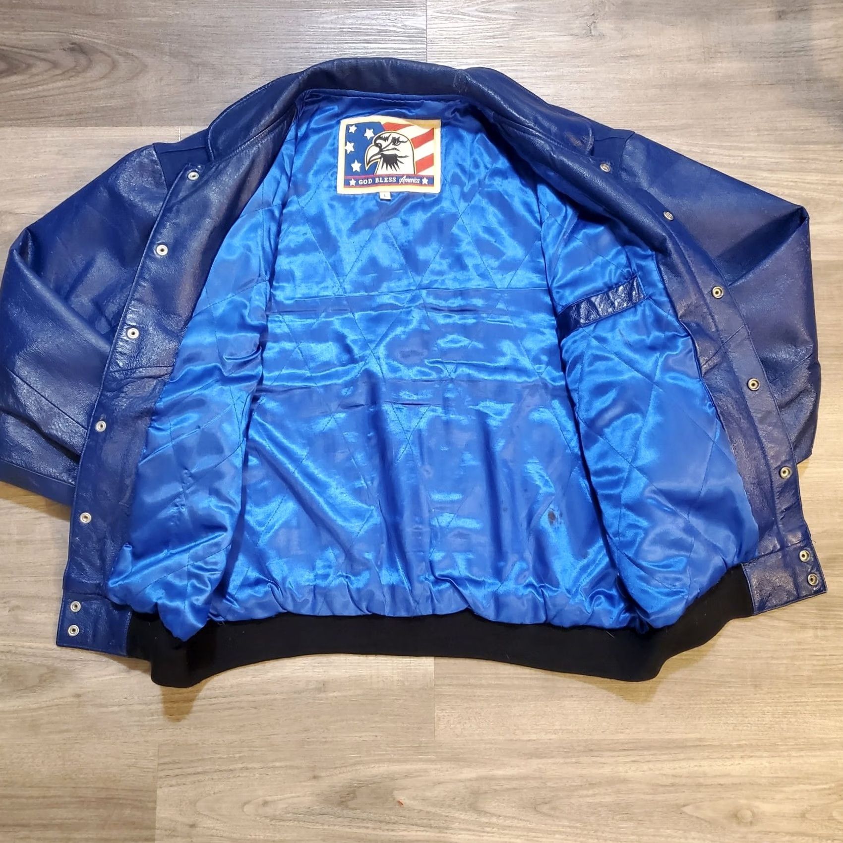 Vintage VINTAGE Unbranded Blue Leather And Wool American Flag Varsity Jacket Mens Sz L Size US L / EU 52-54 / 3 - 3 Thumbnail