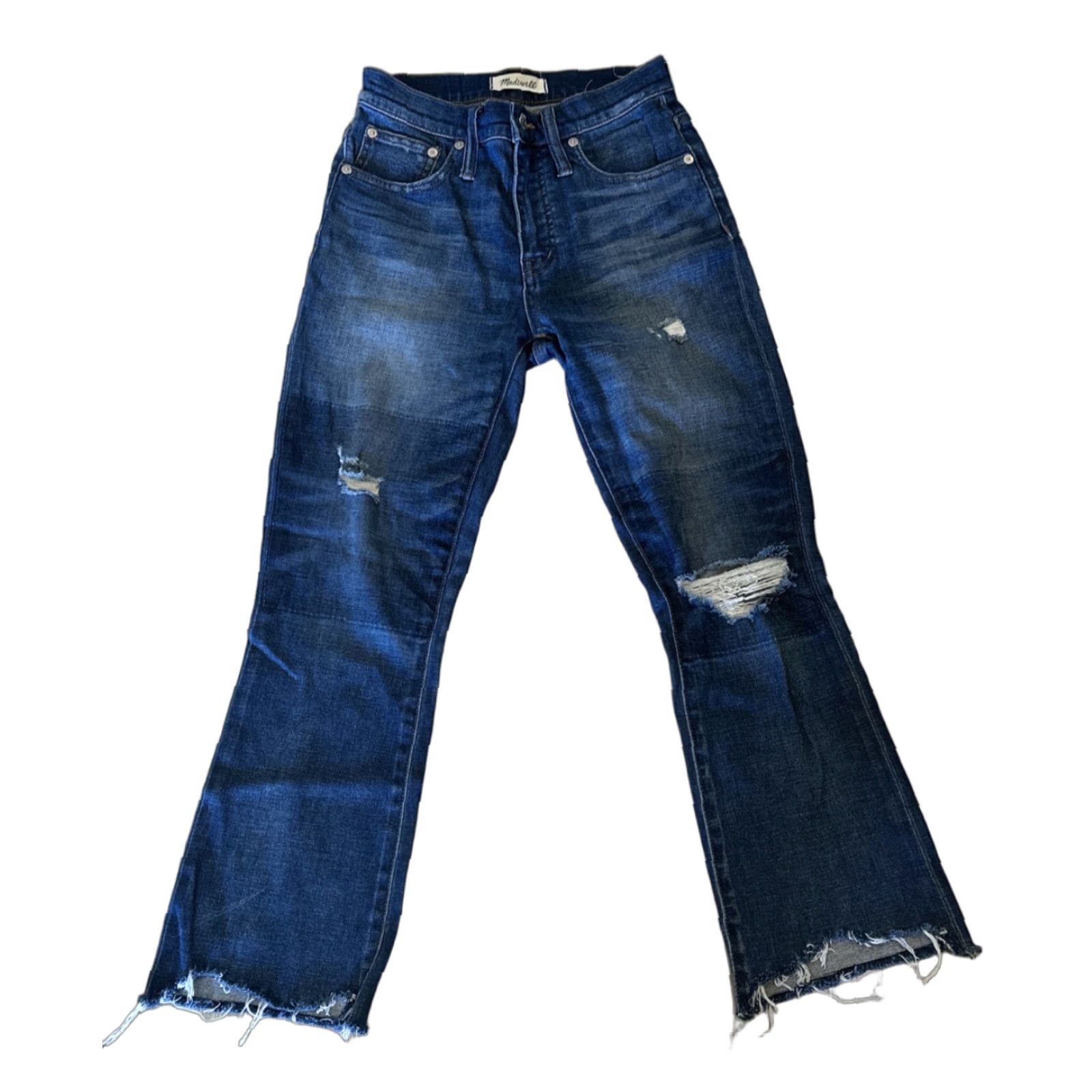 Madewell Madewell Cali Demi Boot Women's Jeans 25 Mid Rise Blue Stretch Raw Hem Chewed Size 42" / US 20 - 1 Thumbnail