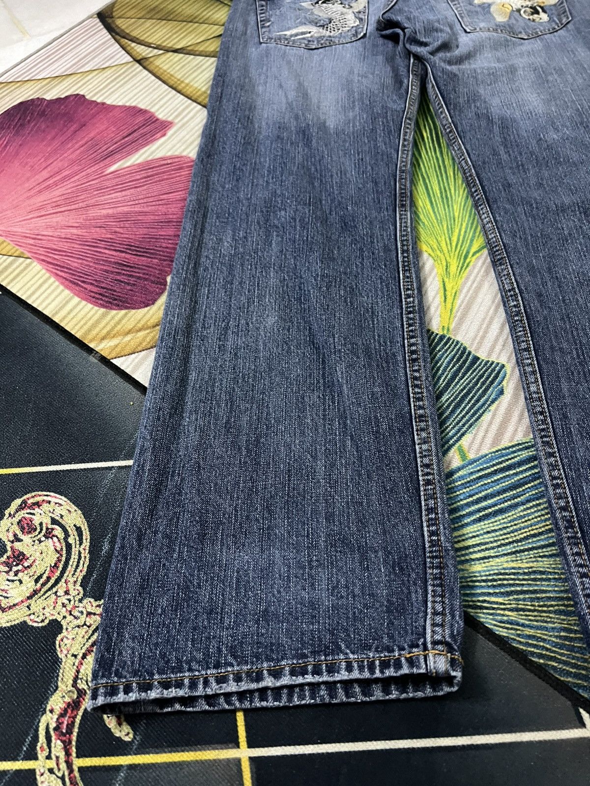 Japanese Brand Karakuri Tamashi Style Koi Fish Embroidery Mud Wash Jean Size US 35 - 15 Thumbnail