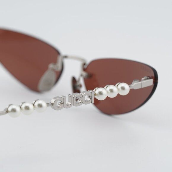 Gucci GG1920S 002 Sunglasses Shiny Silver with Pearl Cat Eye