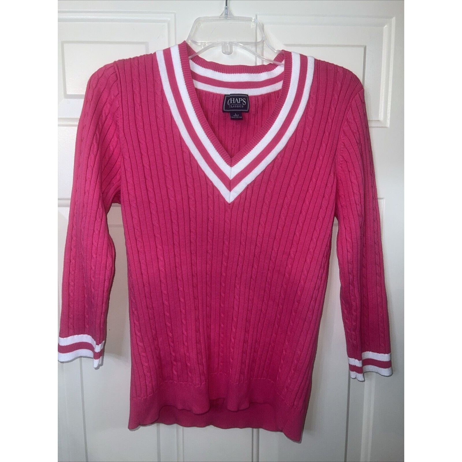 Chaps Chaps Sweater Women's Medium Pink V-Neck Shirt White Stripes Size M / US 6-8 / IT 42-44 - 1 Thumbnail