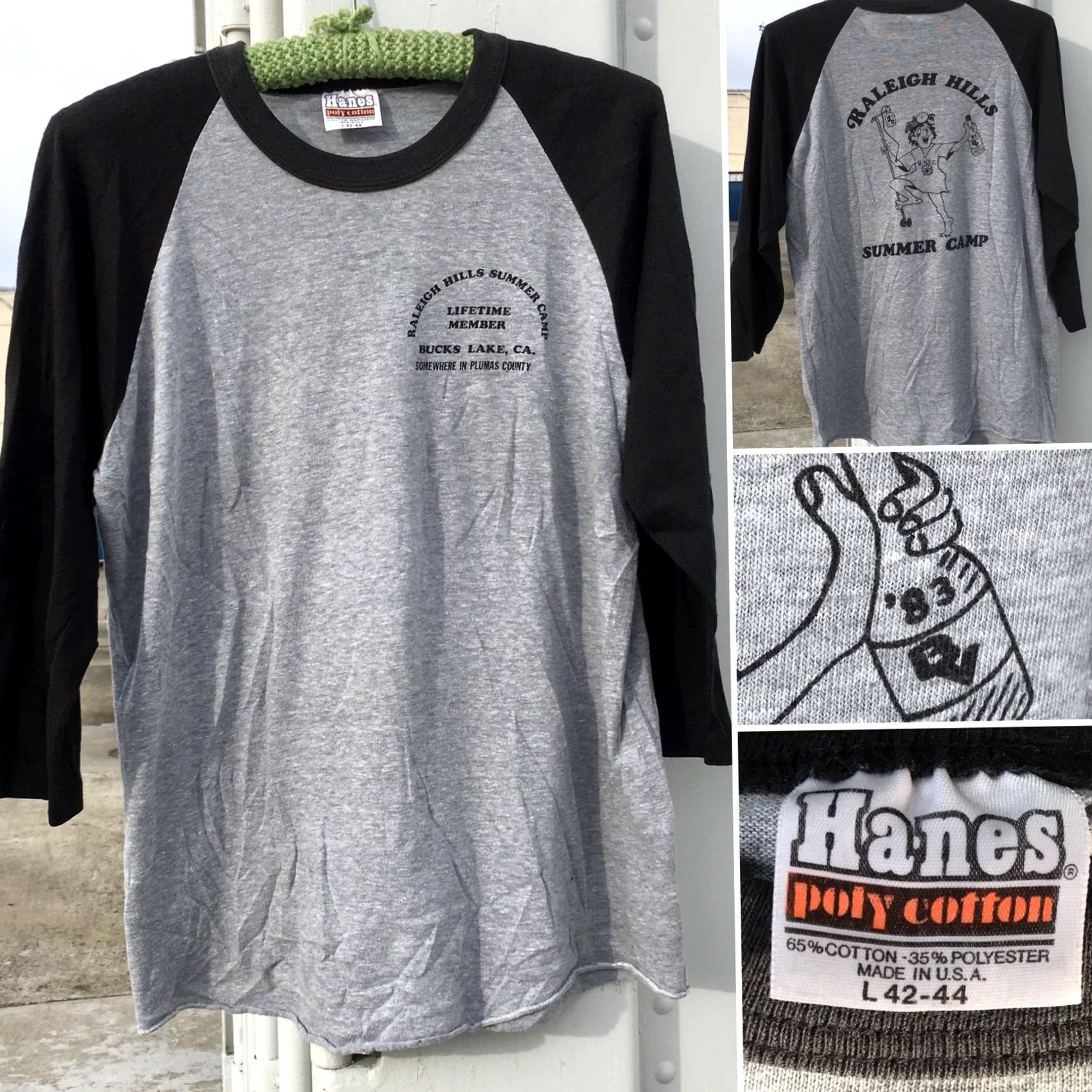 Hanes VINTAGE Raleigh Hills Summer Camp Raglan T Shirt 1980s 80s Sz L Men Heather Gray & Black Hanes Poly cotton 65% Cotton 35% Polyester Graphic Tee Size US L / EU 52-54 / 3 - 2 Thumbnail
