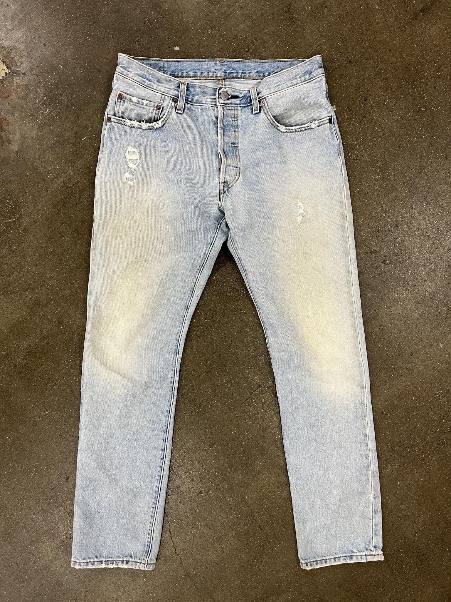 Image of Vintage 2000's Levis 501 Lightwash Denim With Patch Repairs in Blue, Men's (Size 31)