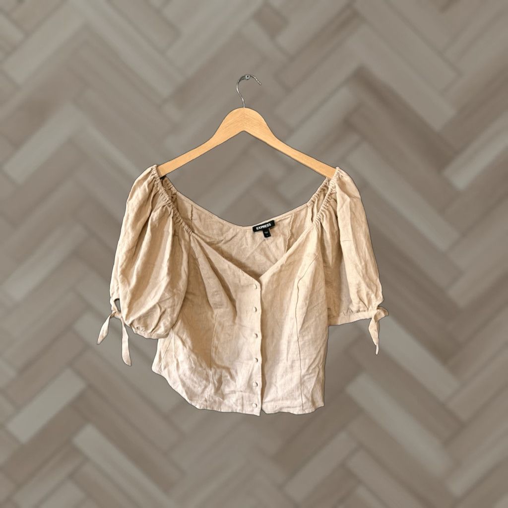 Express Express Womens Cropped Linen Button-Up Shirt L Brown Size L / US 10 / IT 46 - 1 Thumbnail