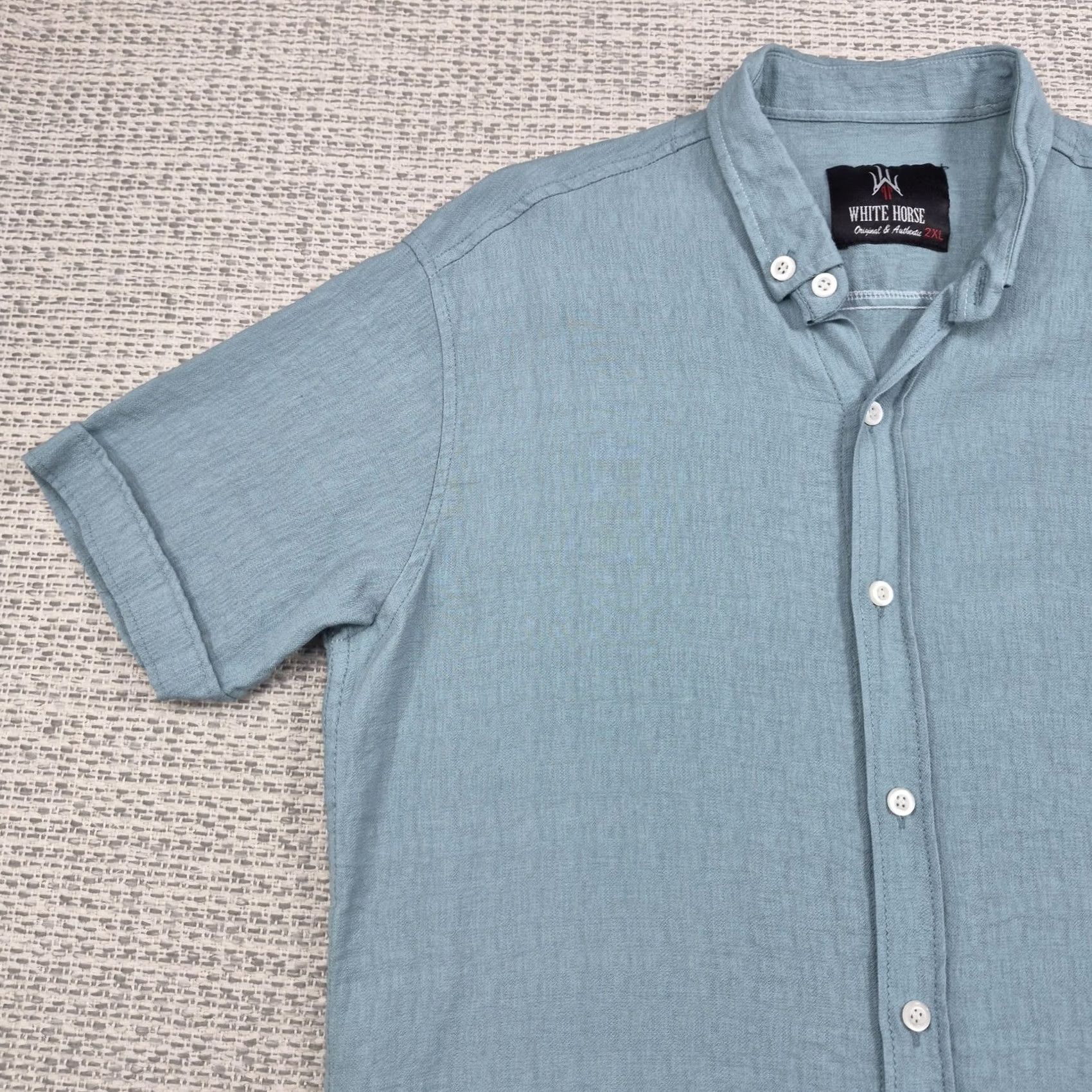 Vintage VINTAGE White Horse Button Up Shirt Mens 2XL Blue Short Sleeve Band Collar Casual Size US XXL / EU 58 / 5 - 3 Thumbnail