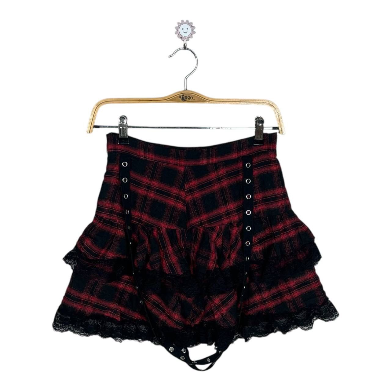 Japanese Brand ROMWE Red Plaid Lace Tiered Mini Skirt - Mall Goth Punk S Size 26" / US 2 / IT 38 - 2 Thumbnail