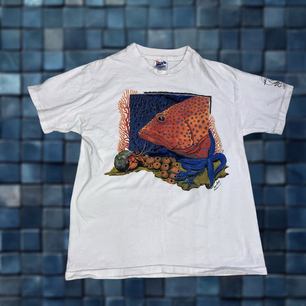 Hanes VINTAGE 90s Hanes Beefy-T T-Shirt Short Sleeve Crew Neck White M Men Salt Marsh Outer Banks NC Crab Animal Graphic Print 90s Polyester-Free Cotton USA Size US M / EU 48-50 / 2 - 1 Thumbnail