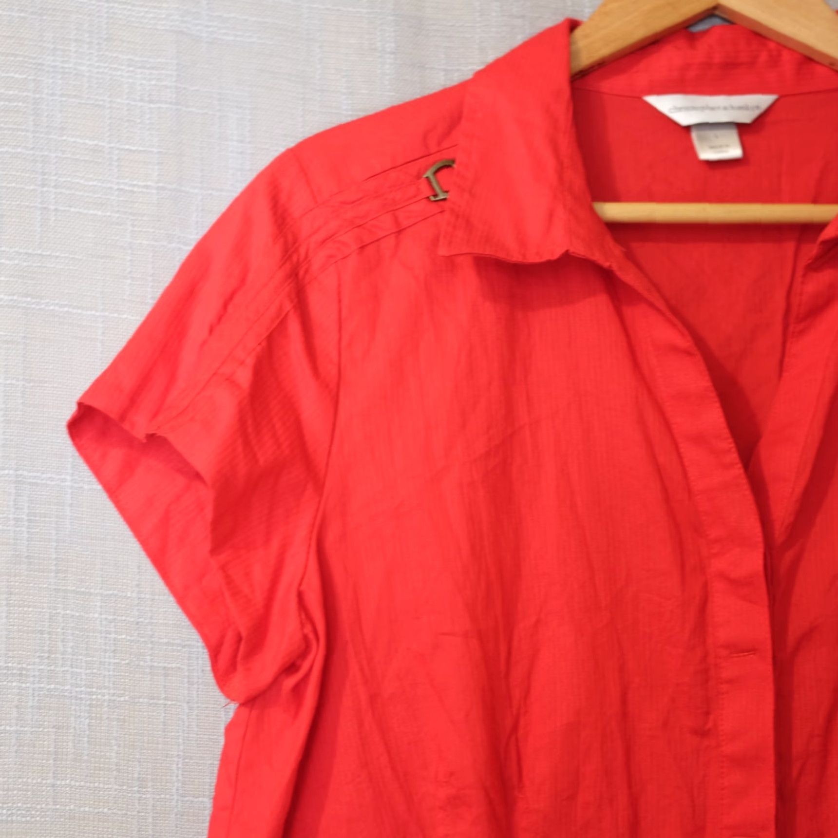 Vintage Christopher & Banks Button-Up Shirt Red Womens L 100% Cotton Shirt Short Sleeve Casual Slim Fit Mens Womens Girls Size L / US 10 / IT 46 - 2 Thumbnail