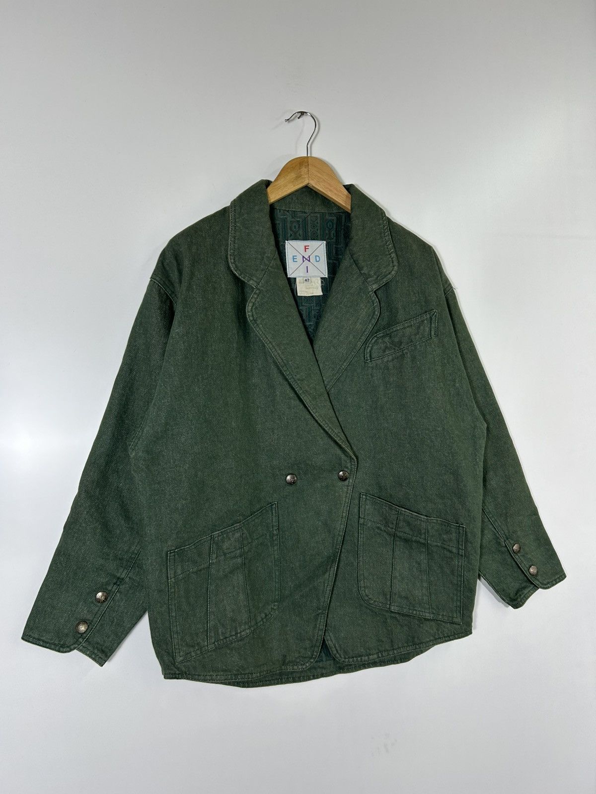 Fendi Vtg FENDI Green Denim Blazer Jacket — 70s Workwear Style Size US M / EU 48-50 / 2 - 2 Thumbnail