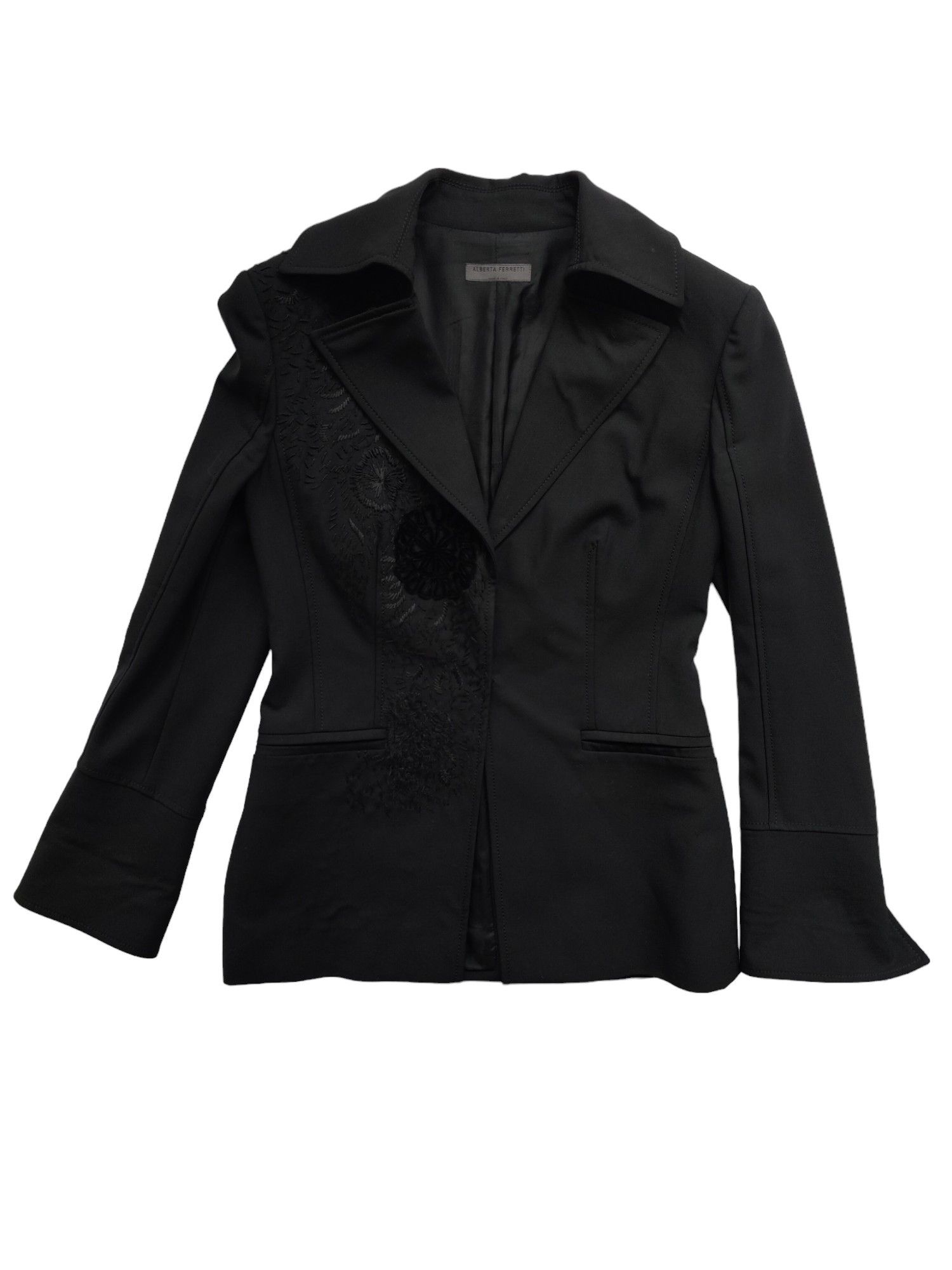 Alberta Ferretti Black Thin Wool Blazer With On-Tone Embroidery Size M / US 6-8 / IT 42-44 - 1 Thumbnail