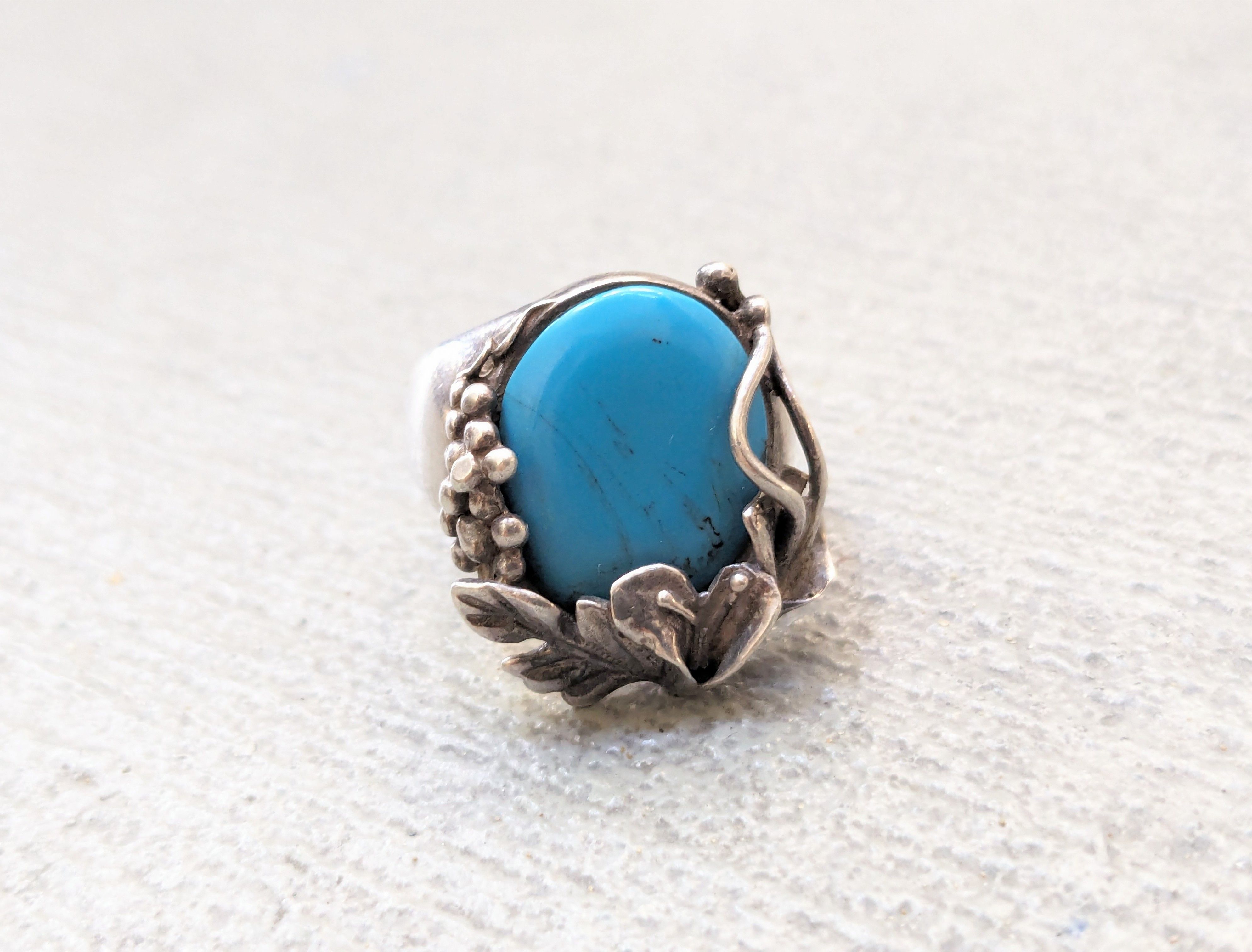 Jewelry Vintage Sterling Silver Ring 8 Faux Turquoise Leaf Modern Size ONE SIZE - 3 Thumbnail