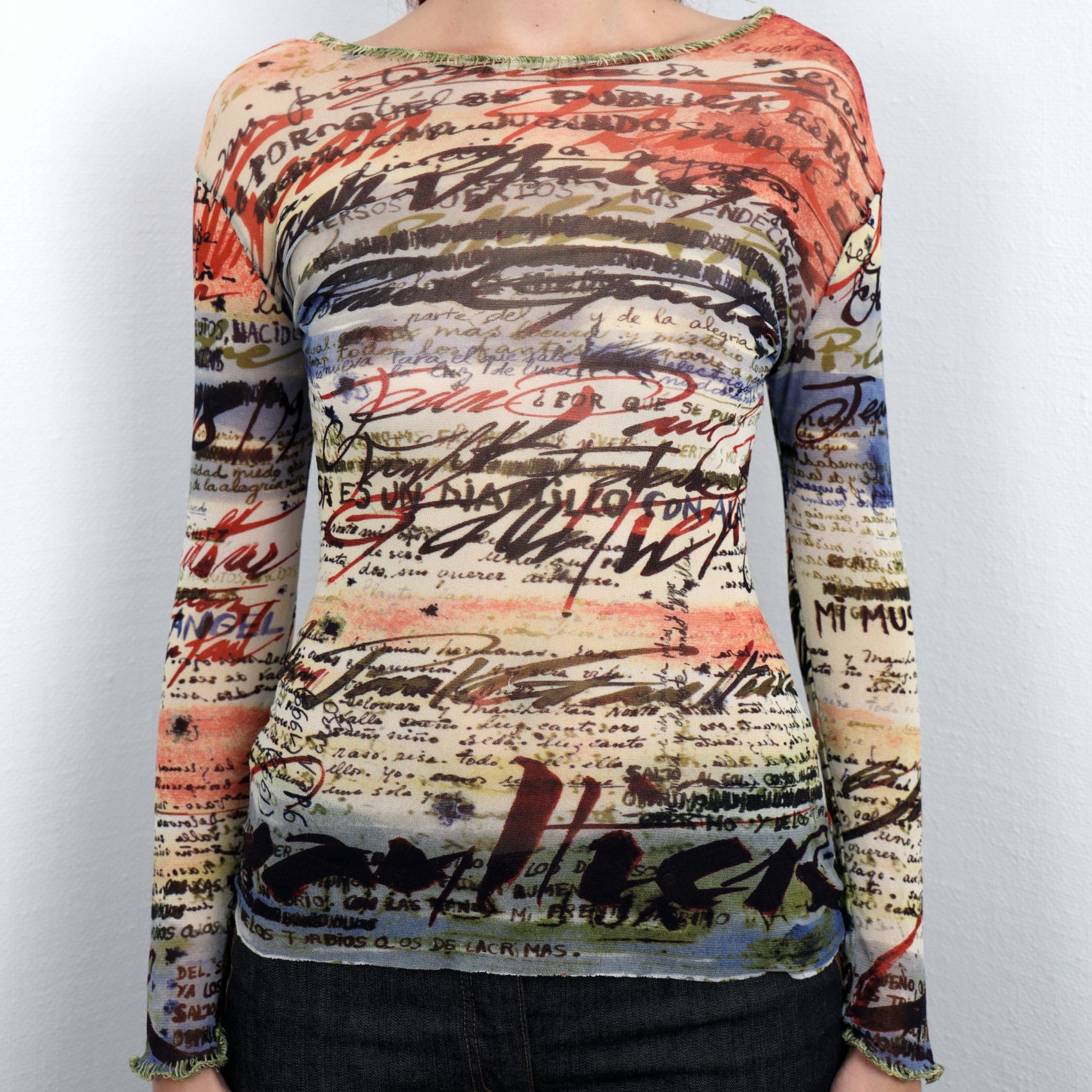 image of Jean Paul Gaultier Ss 1998 Calligraphy Mesh Blouse, Women's (Size Medium)