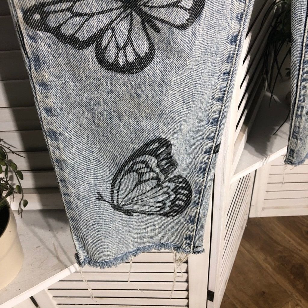 Pacsun Butterfly Jeans High Waisted Straight Leg Raw Hem Blue 26 Size 26" / US 2 / IT 38 - 11 Thumbnail