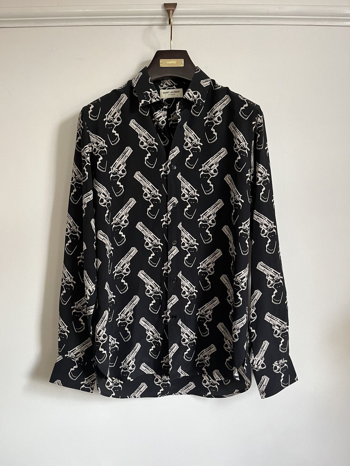 image of Hedi Slimane x Saint Laurent Paris 14Ss Silk Shirt With Revolver Print in Black, Men's (Size Medium