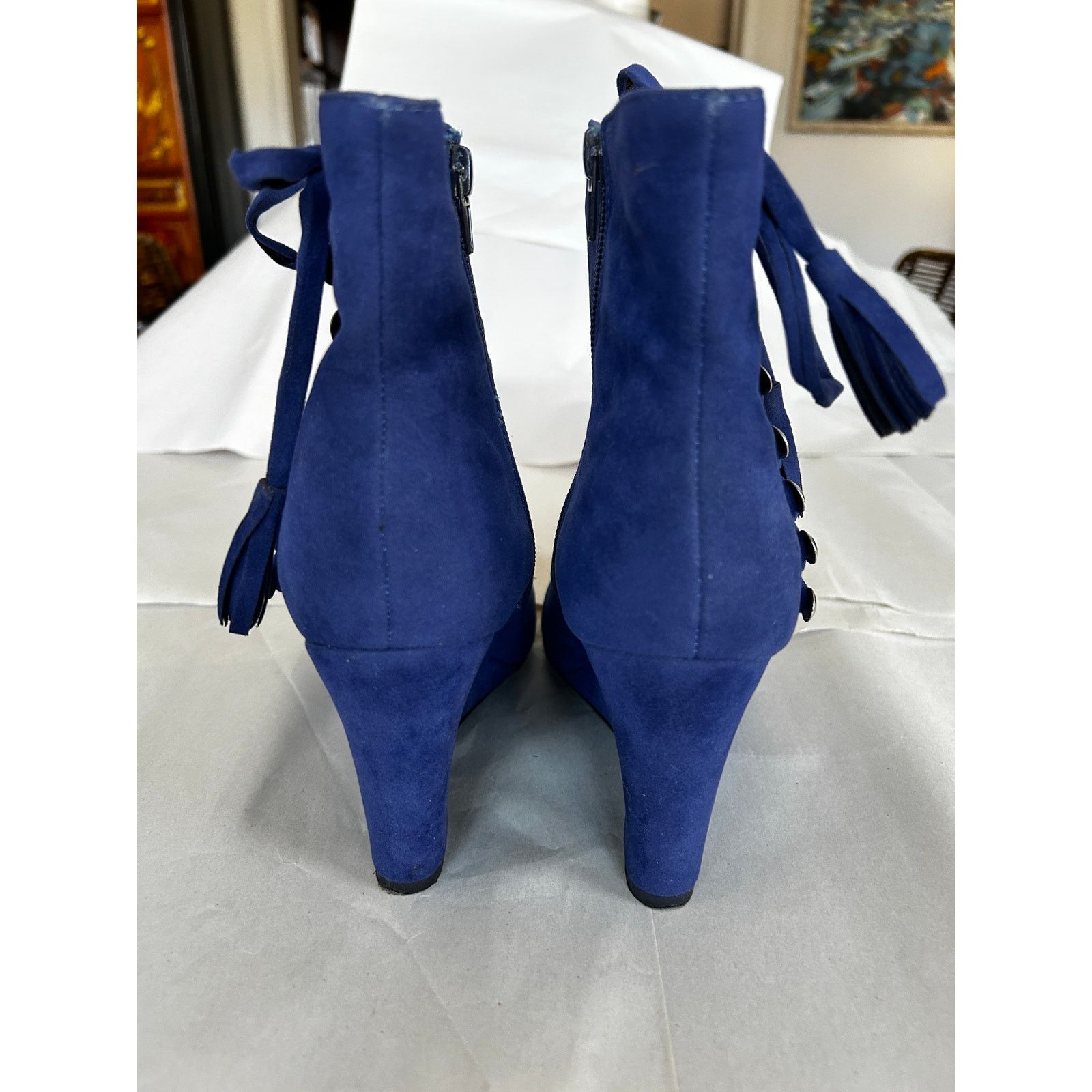 United Bamboo Blue velvet side lacing wedge heeled booties 8/38 Size US 8 / IT 38 - 3 Thumbnail